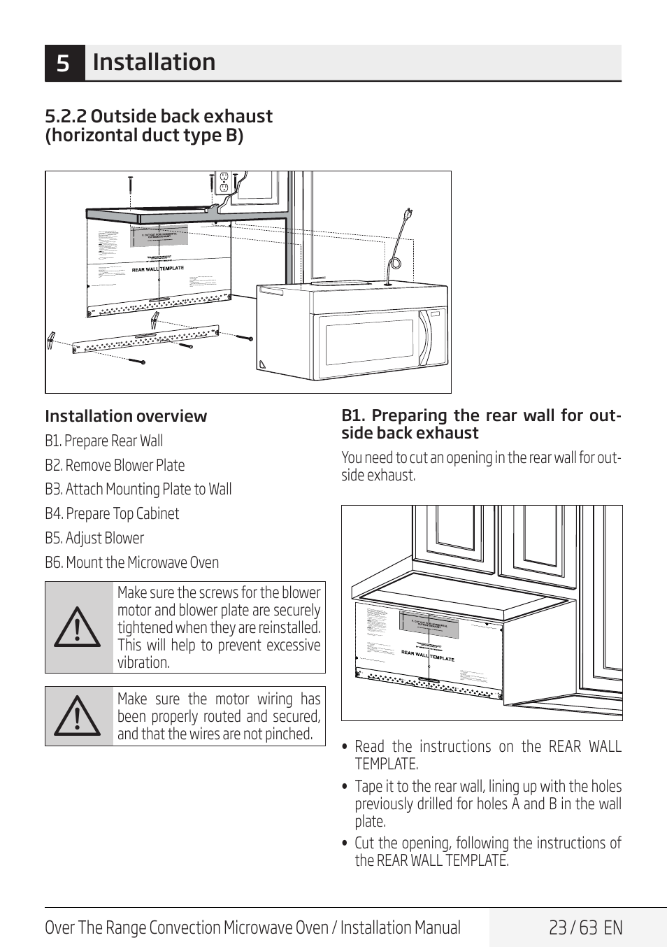 5installation, 23 / 63 en, 2 outside back exhaust (horizontal duct type b) | Beko 30 Inch Over the Range Convection Microwave Installation Guide User Manual | Page 23 / 64