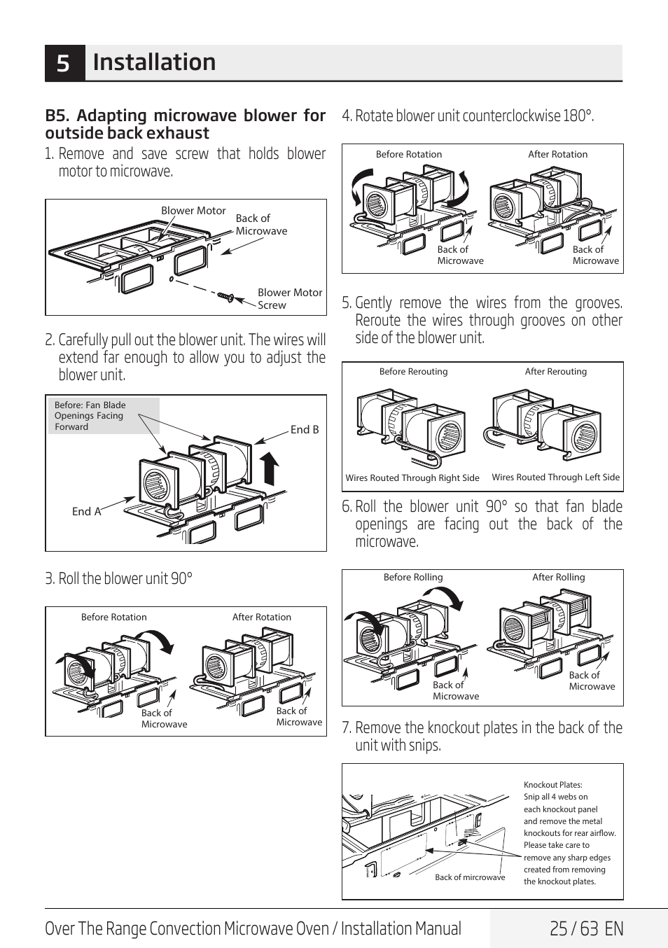 5installation, 25 / 63 en, Roll the blower unit 90 | Rotate blower unit counterclockwise 180 | Beko 30 Inch Over the Range Convection Microwave Installation Guide User Manual | Page 25 / 64