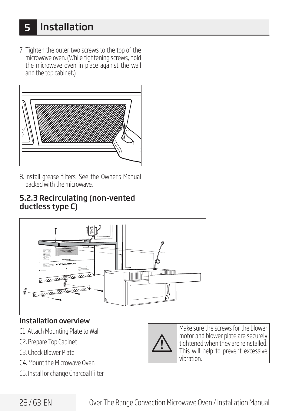 5installation, 28 / 63 en, 3 recirculating (non-vented ductless type c) | Beko 30 Inch Over the Range Convection Microwave Installation Guide User Manual | Page 28 / 64