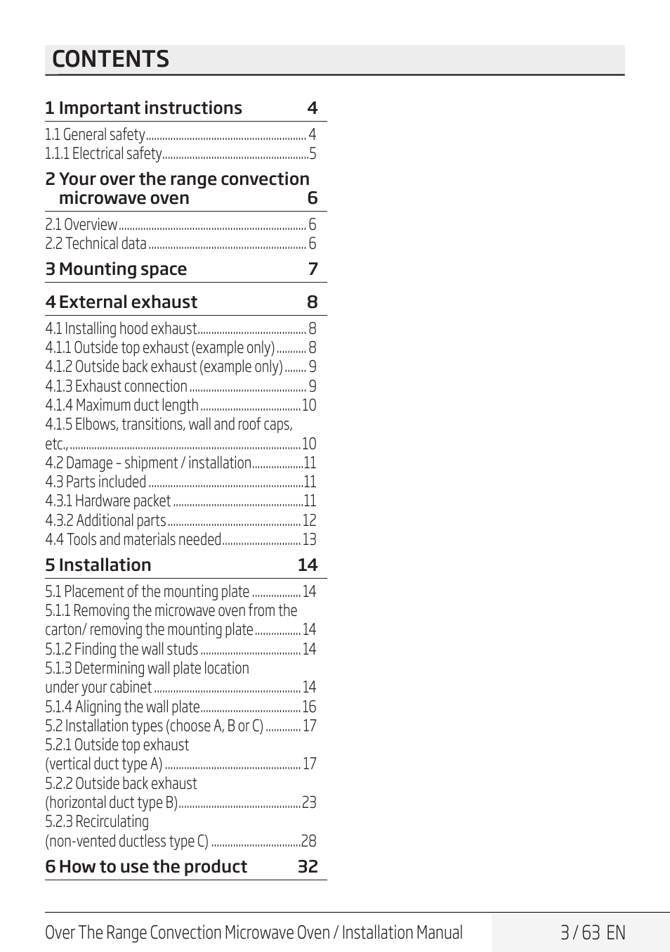 Beko 30 Inch Over the Range Convection Microwave Installation Guide User Manual | Page 3 / 64