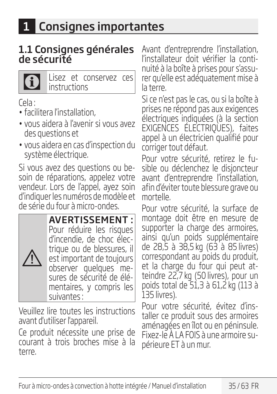 1consignes importantes | Beko 30 Inch Over the Range Convection Microwave Installation Guide User Manual | Page 35 / 64
