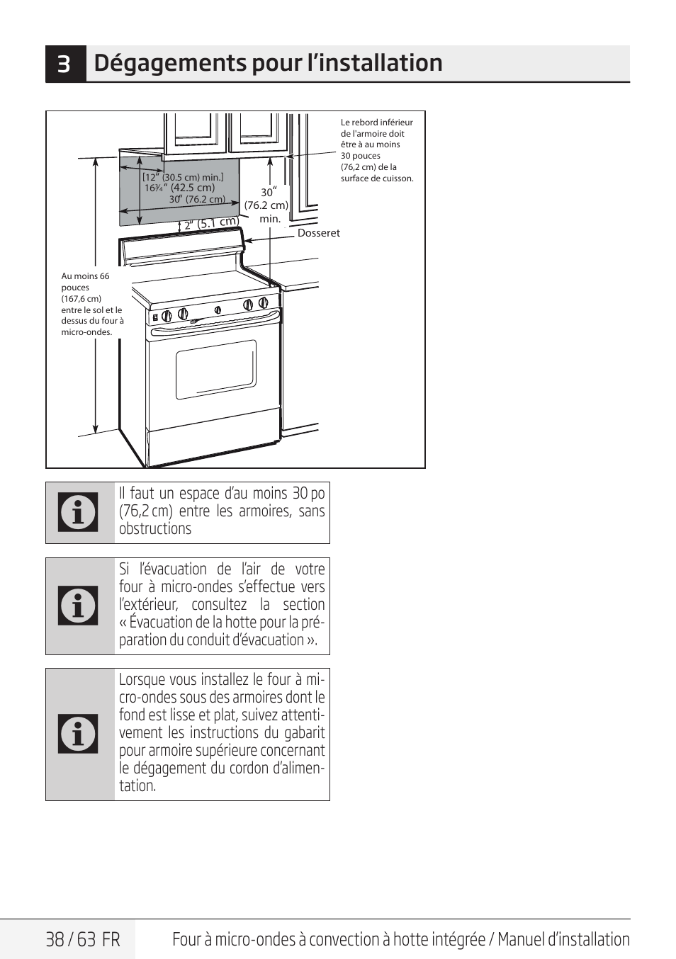 3dégagements pour l’installation, 38 / 63 fr | Beko 30 Inch Over the Range Convection Microwave Installation Guide User Manual | Page 38 / 64