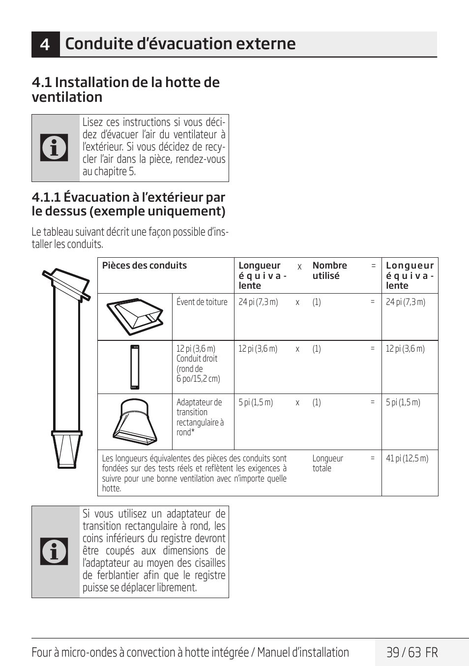 4conduite d'évacuation externe, 39 / 63 fr, 1 installation de la hotte de ventilation | Beko 30 Inch Over the Range Convection Microwave Installation Guide User Manual | Page 39 / 64