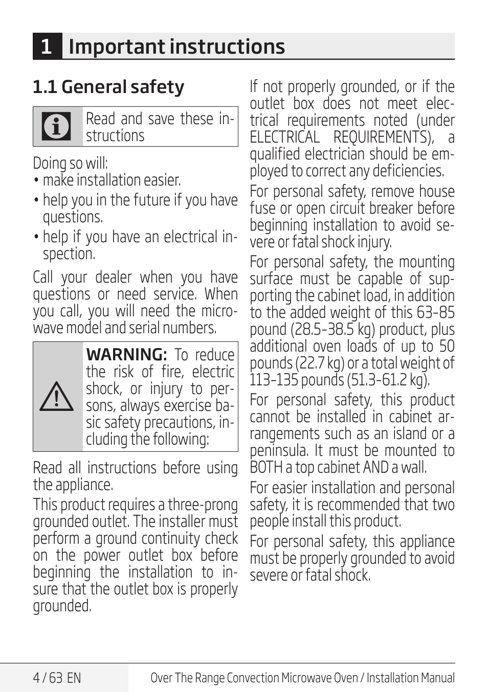 1important instructions | Beko 30 Inch Over the Range Convection Microwave Installation Guide User Manual | Page 4 / 64