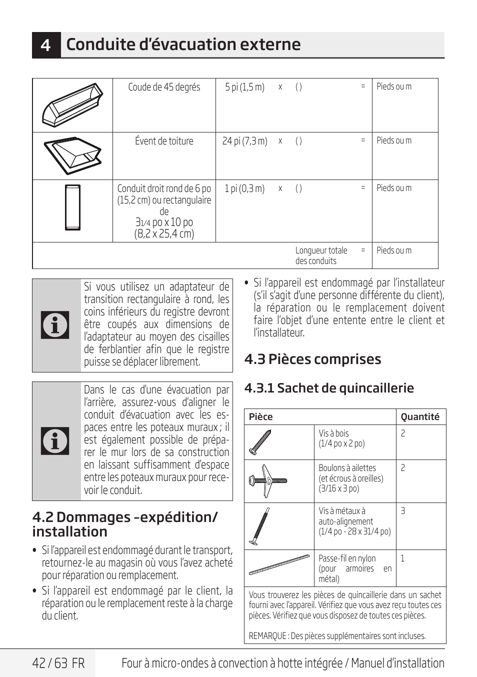 4conduite d'évacuation externe, 42 / 63 fr, 2 dommages –expédition/ installation | 3 pièces comprises | Beko 30 Inch Over the Range Convection Microwave Installation Guide User Manual | Page 42 / 64