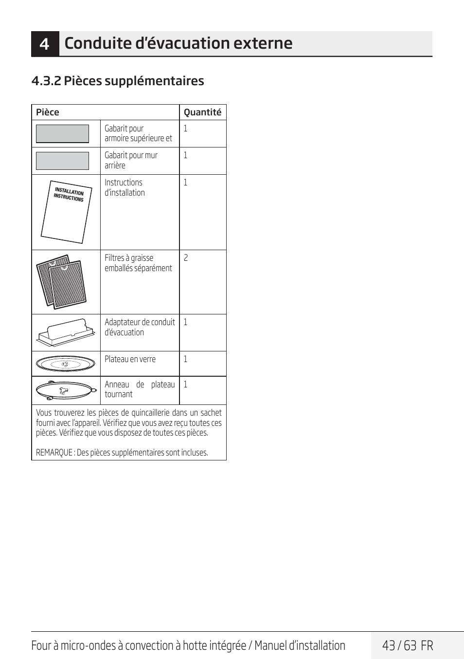 4conduite d'évacuation externe, 43 / 63 fr, 2 pièces supplémentaires | Beko 30 Inch Over the Range Convection Microwave Installation Guide User Manual | Page 43 / 64