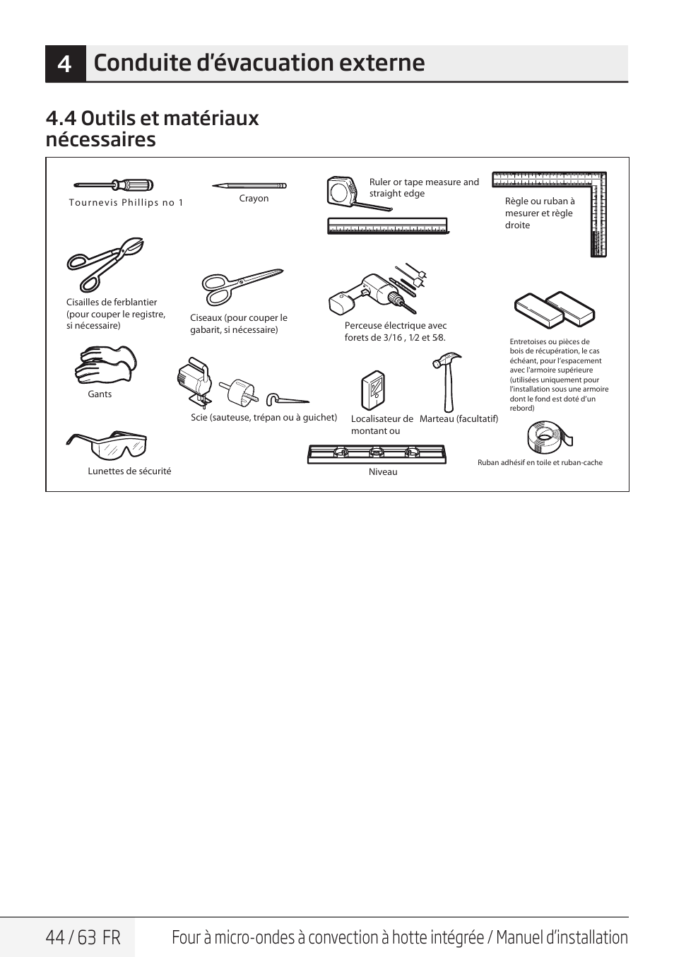 4conduite d'évacuation externe, 44 / 63 fr, 4 outils et matériaux nécessaires | Beko 30 Inch Over the Range Convection Microwave Installation Guide User Manual | Page 44 / 64