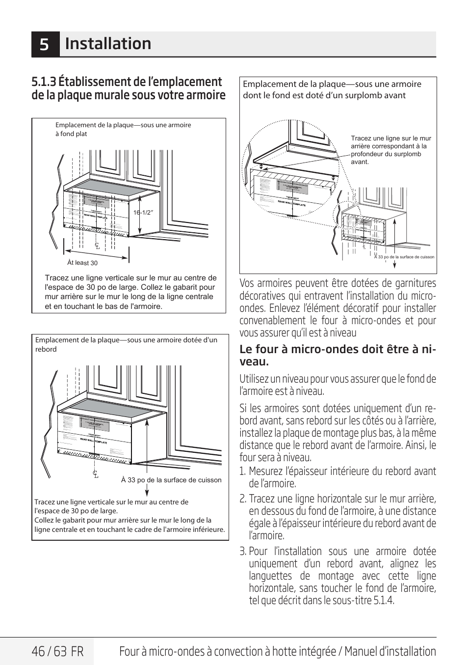 5installation, 46 / 63 fr, Àt least 30 cl | À 33 po de la surface de cuisson | Beko 30 Inch Over the Range Convection Microwave Installation Guide User Manual | Page 46 / 64