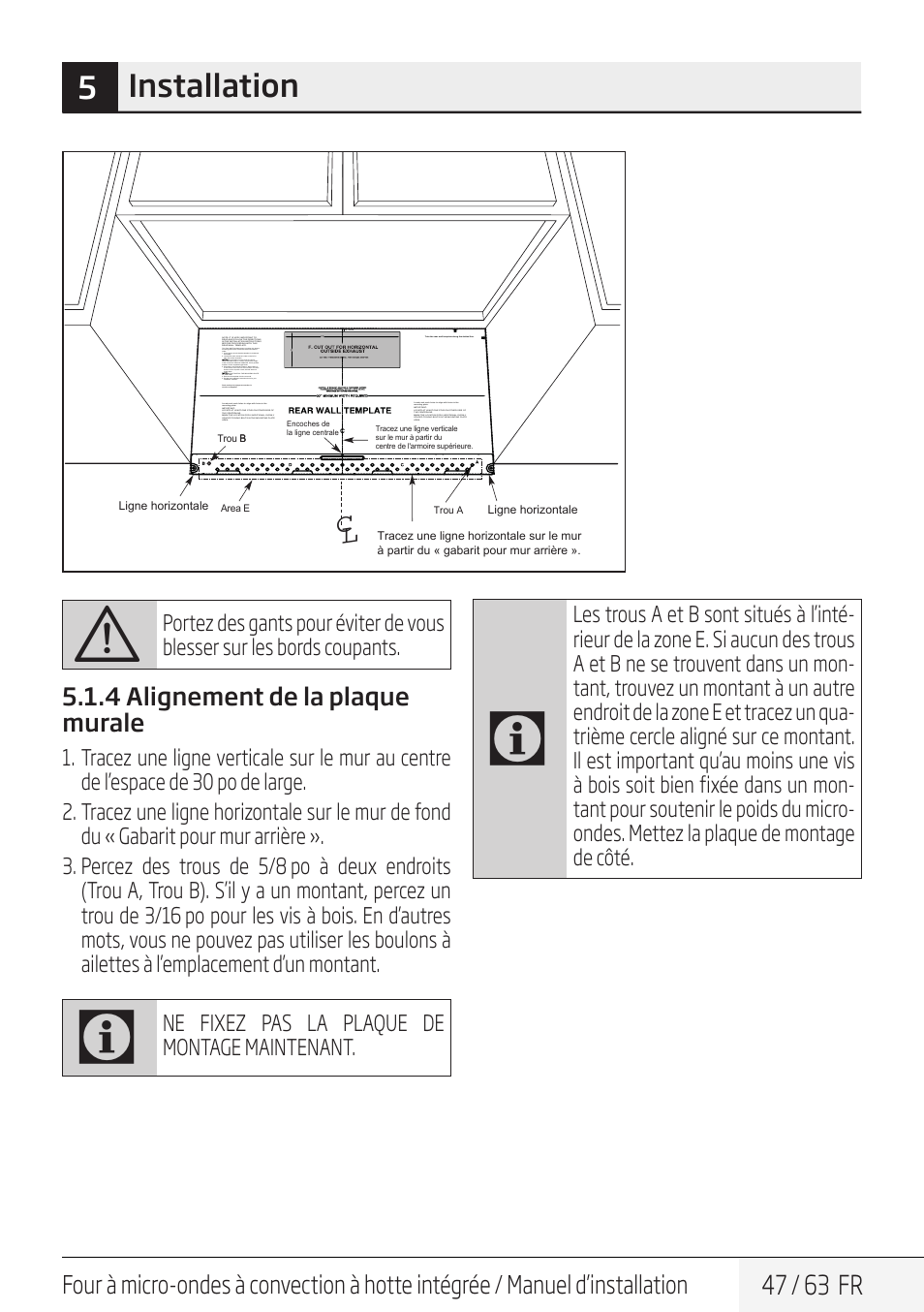 5installation, 47 / 63 fr, 4 alignement de la plaque murale | Ne fixez pas la plaque de montage maintenant | Beko 30 Inch Over the Range Convection Microwave Installation Guide User Manual | Page 47 / 64