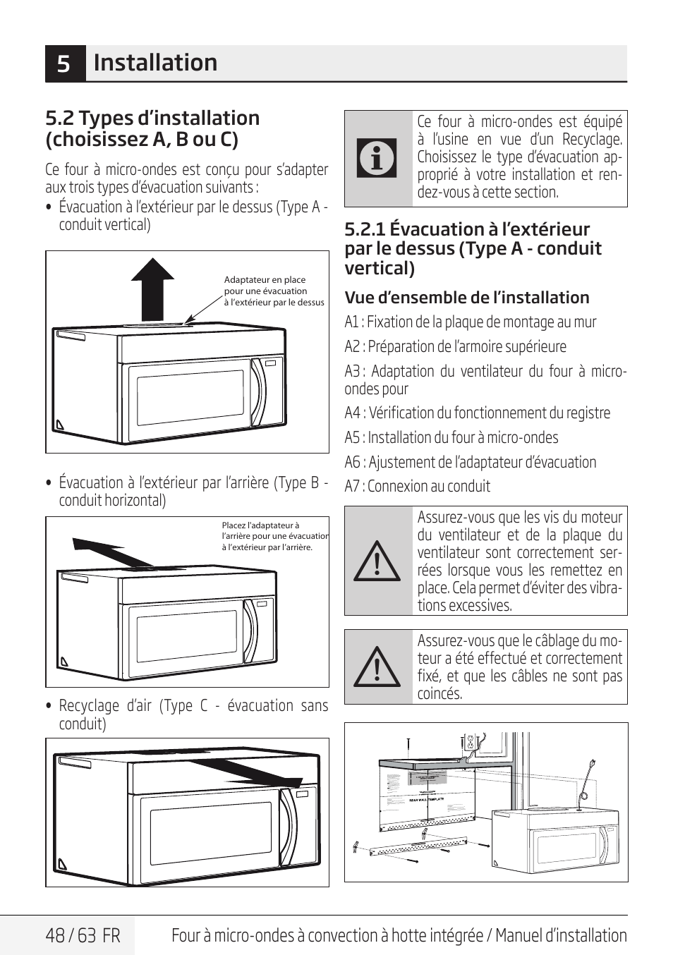 5installation, 48 / 63 fr, 2 types d’installation (choisissez a, b ou c) | Recyclage d’air (type c - évacuation sans conduit) | Beko 30 Inch Over the Range Convection Microwave Installation Guide User Manual | Page 48 / 64