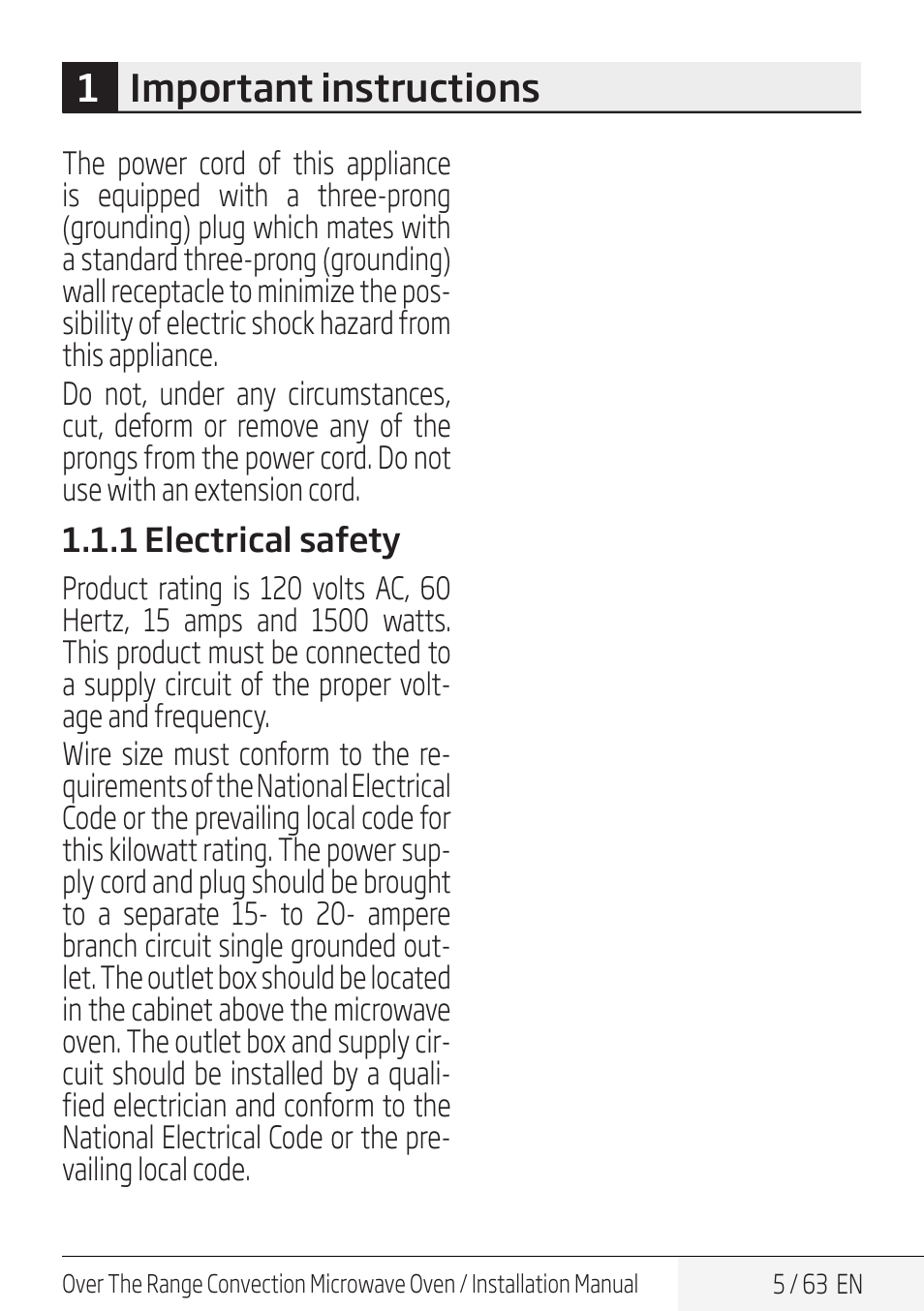 1important instructions | Beko 30 Inch Over the Range Convection Microwave Installation Guide User Manual | Page 5 / 64