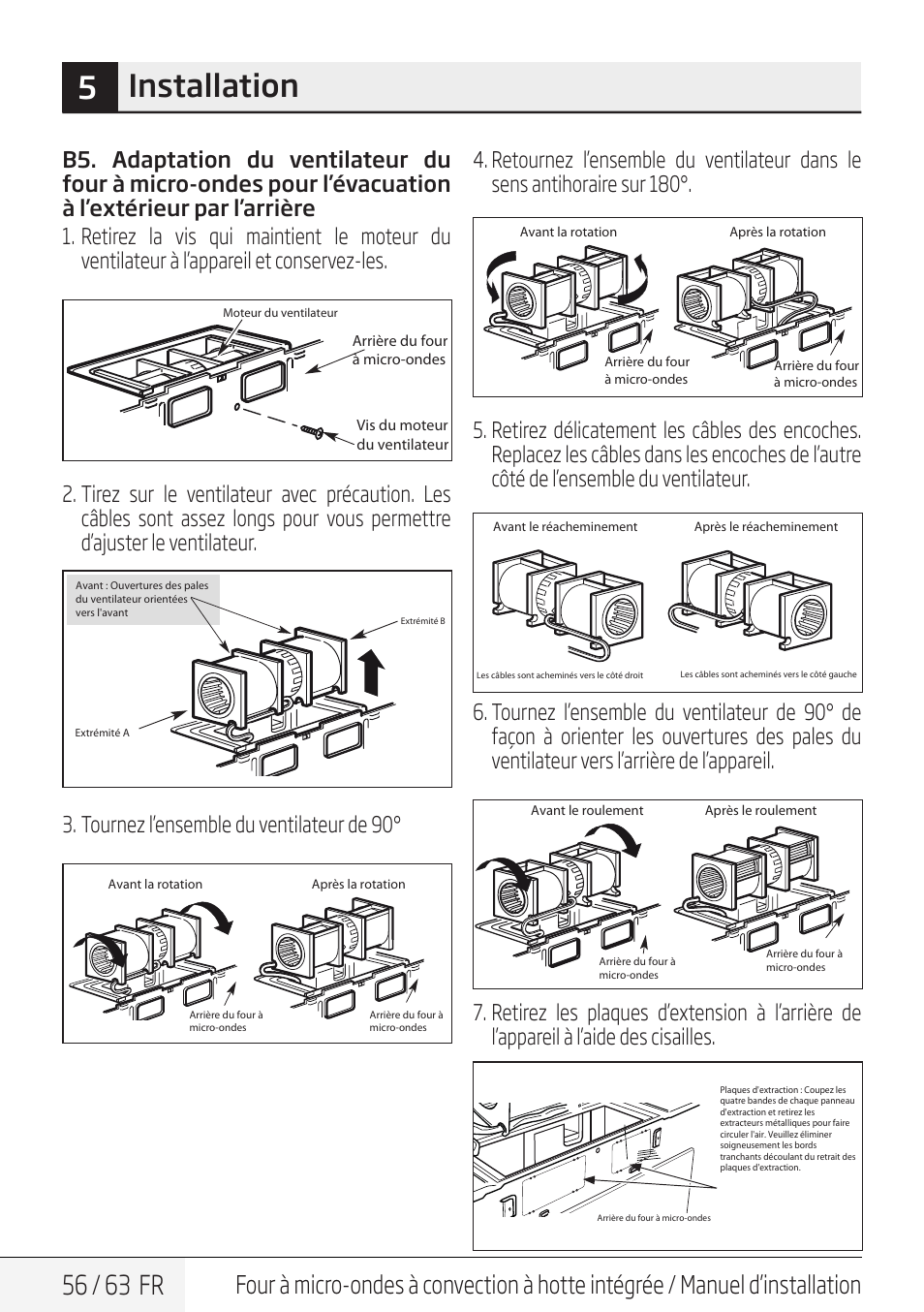 5installation, 56 / 63 fr, Tournez l’ensemble du ventilateur de 90 | Beko 30 Inch Over the Range Convection Microwave Installation Guide User Manual | Page 56 / 64