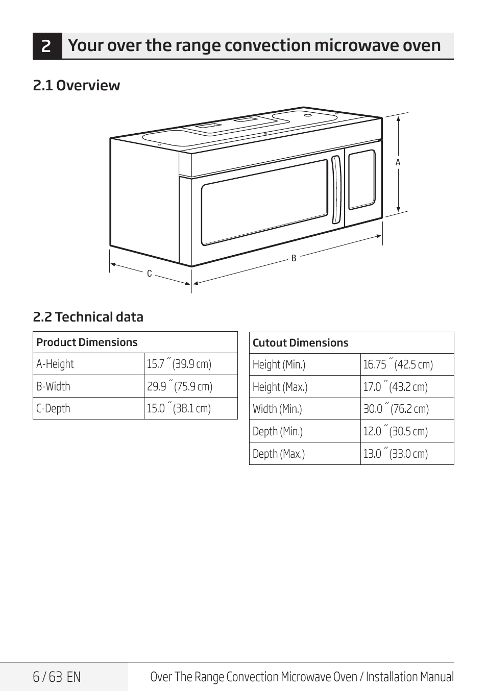 2your over the range convection microwave oven, 6 / 63 en, 1 overview | Beko 30 Inch Over the Range Convection Microwave Installation Guide User Manual | Page 6 / 64