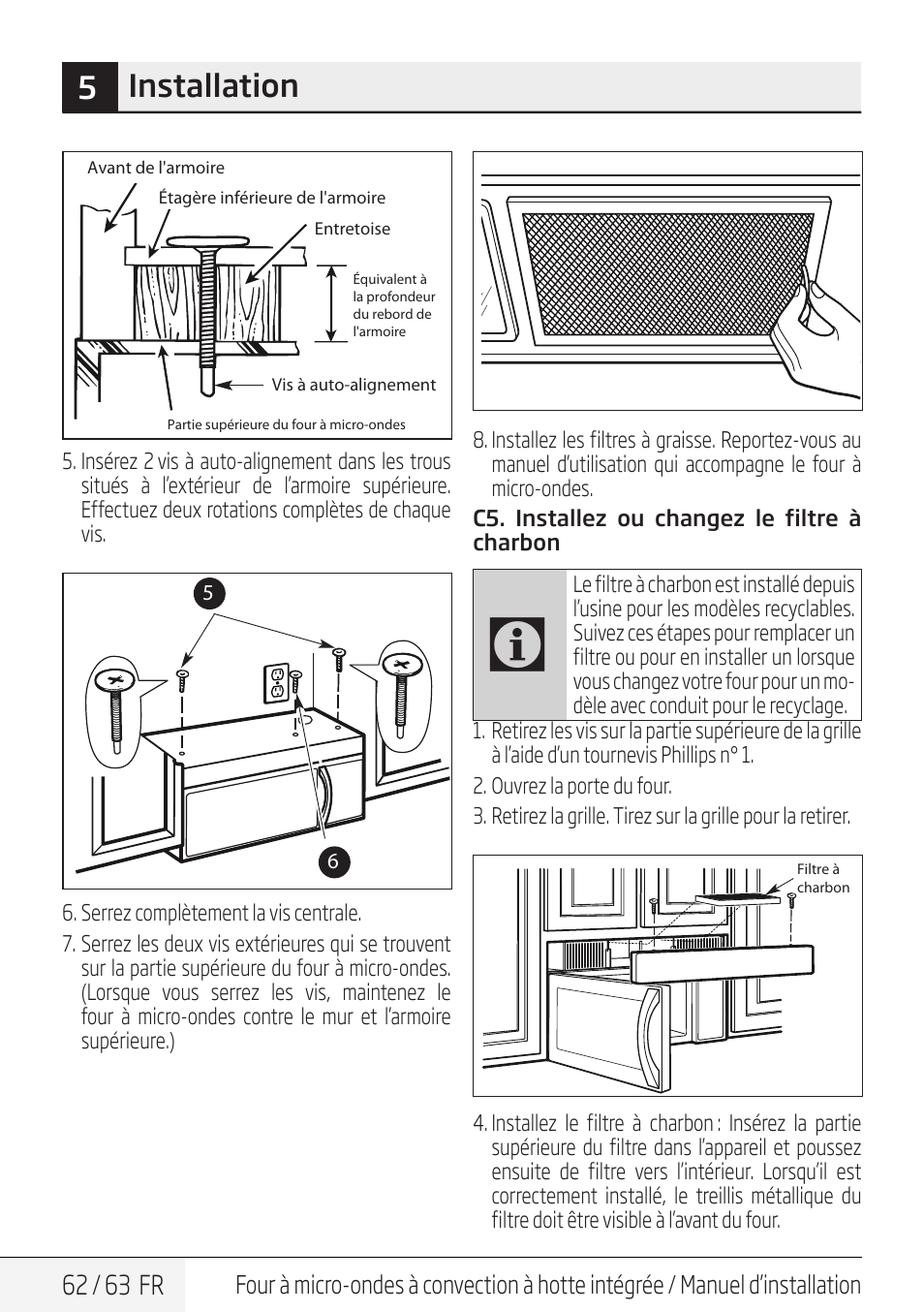 5installation, 62 / 63 fr | Beko 30 Inch Over the Range Convection Microwave Installation Guide User Manual | Page 62 / 64
