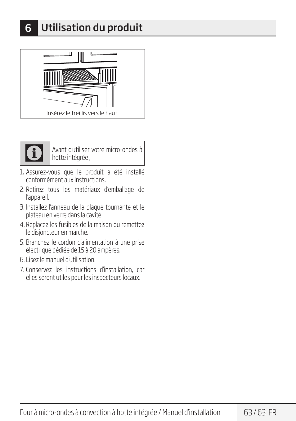 6utilisation du produit | Beko 30 Inch Over the Range Convection Microwave Installation Guide User Manual | Page 63 / 64