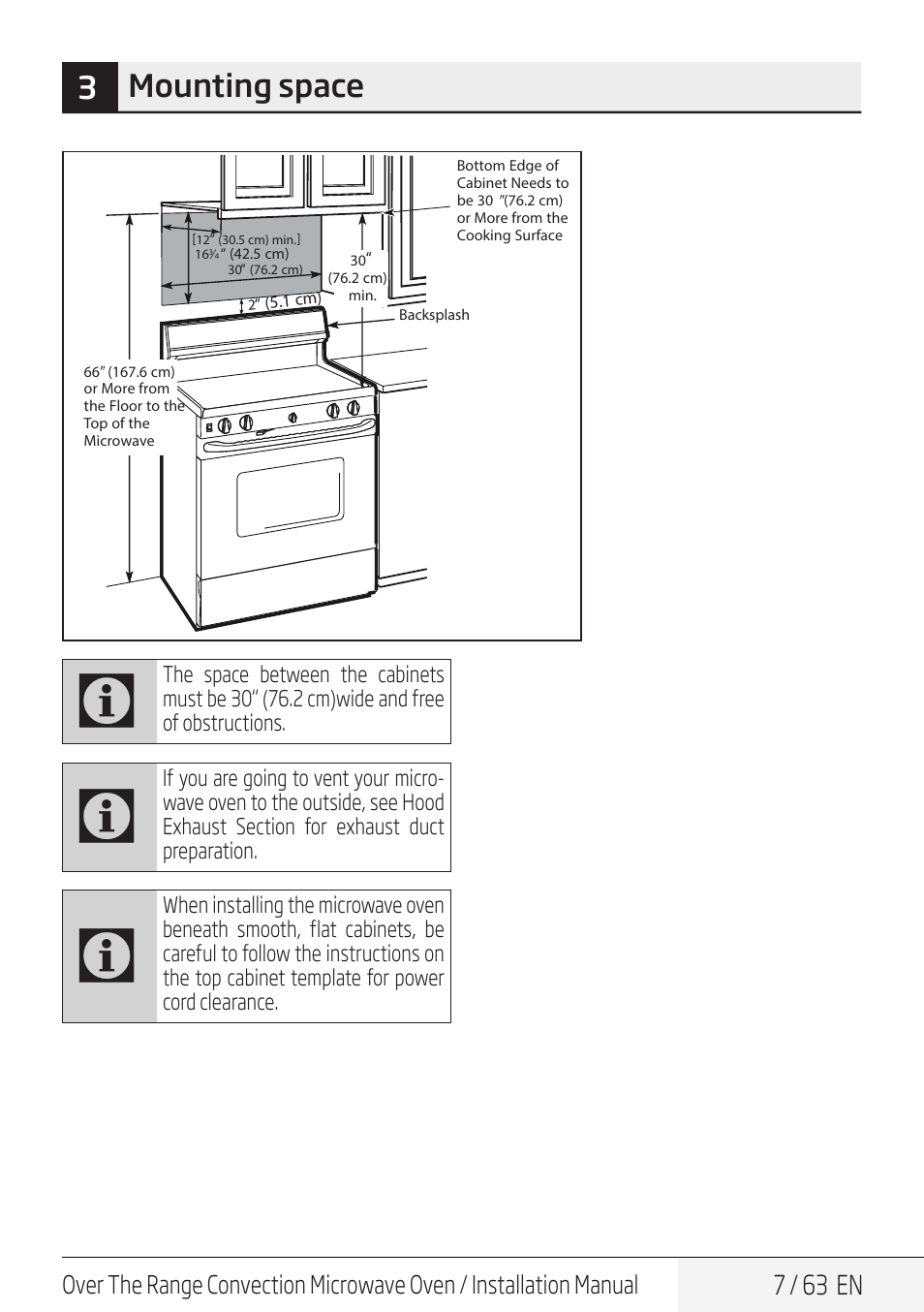 3mounting space, 7 / 63 en | Beko 30 Inch Over the Range Convection Microwave Installation Guide User Manual | Page 7 / 64