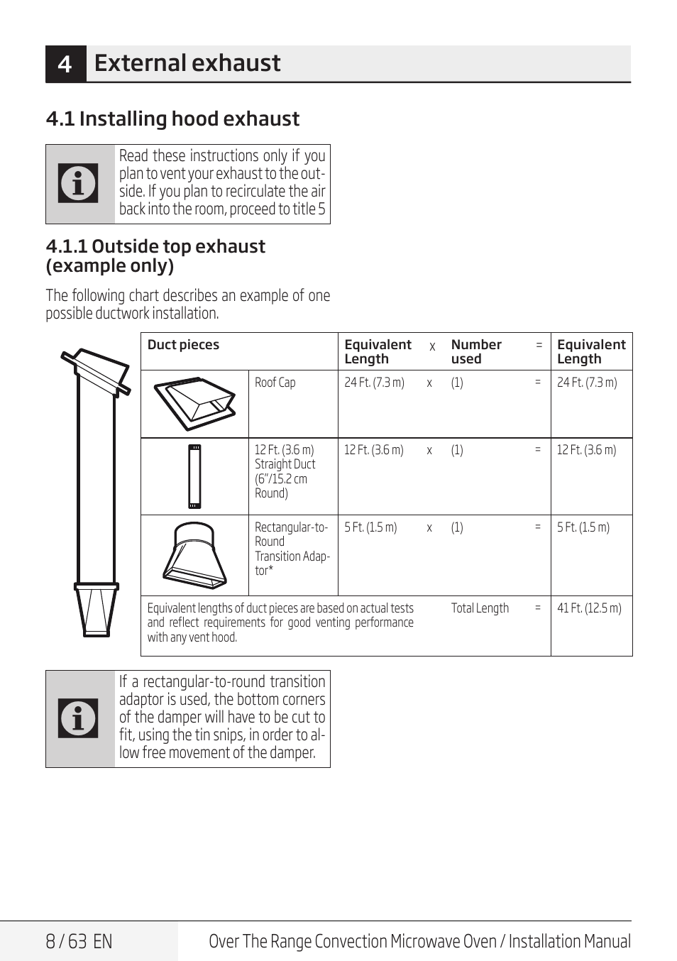 4external exhaust, 8 / 63 en, 1 installing hood exhaust | Beko 30 Inch Over the Range Convection Microwave Installation Guide User Manual | Page 8 / 64
