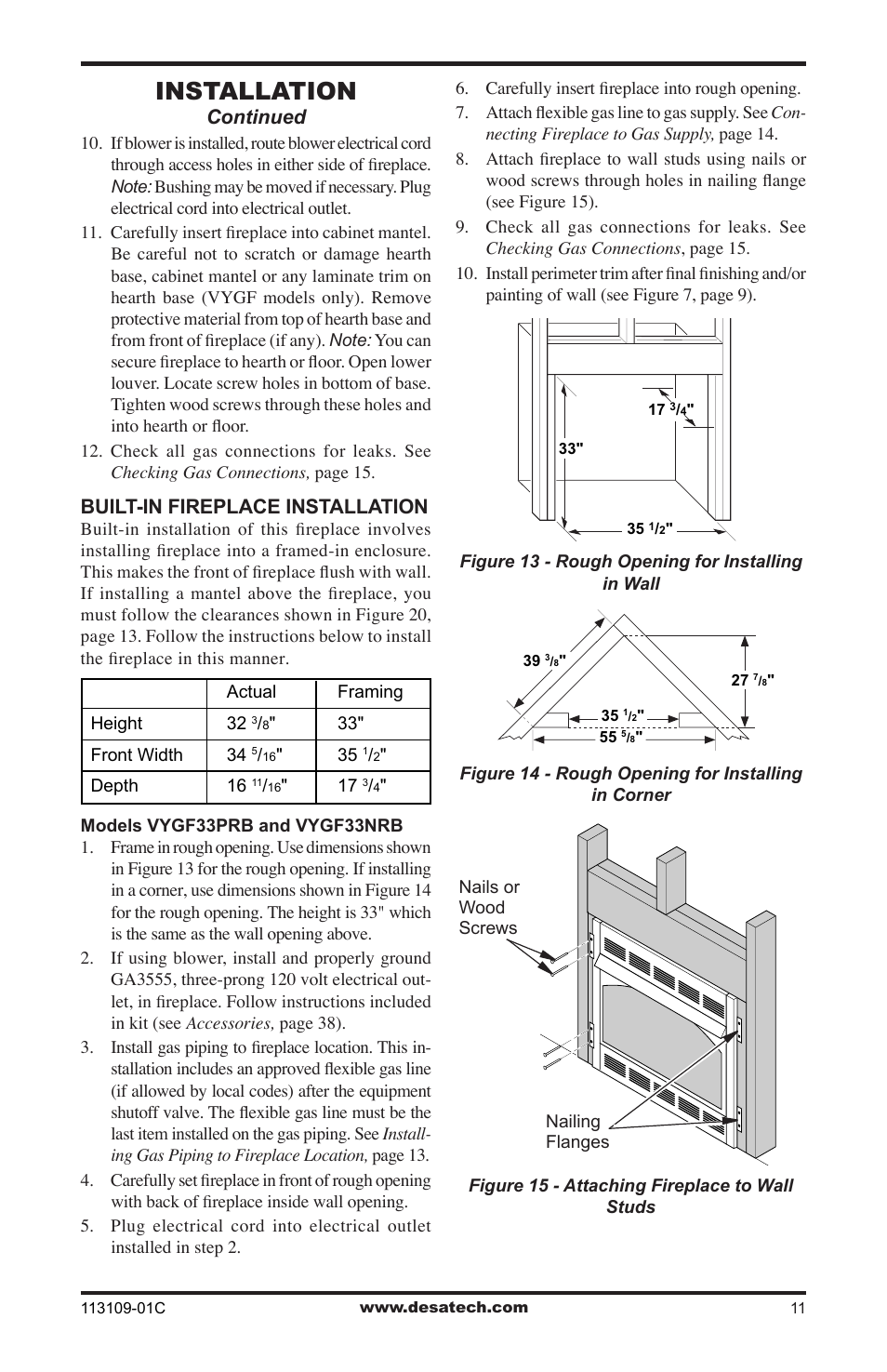 Installation, Continued, Built-in fireplace installation | Desa FPVF33PRA User Manual | Page 11 / 40