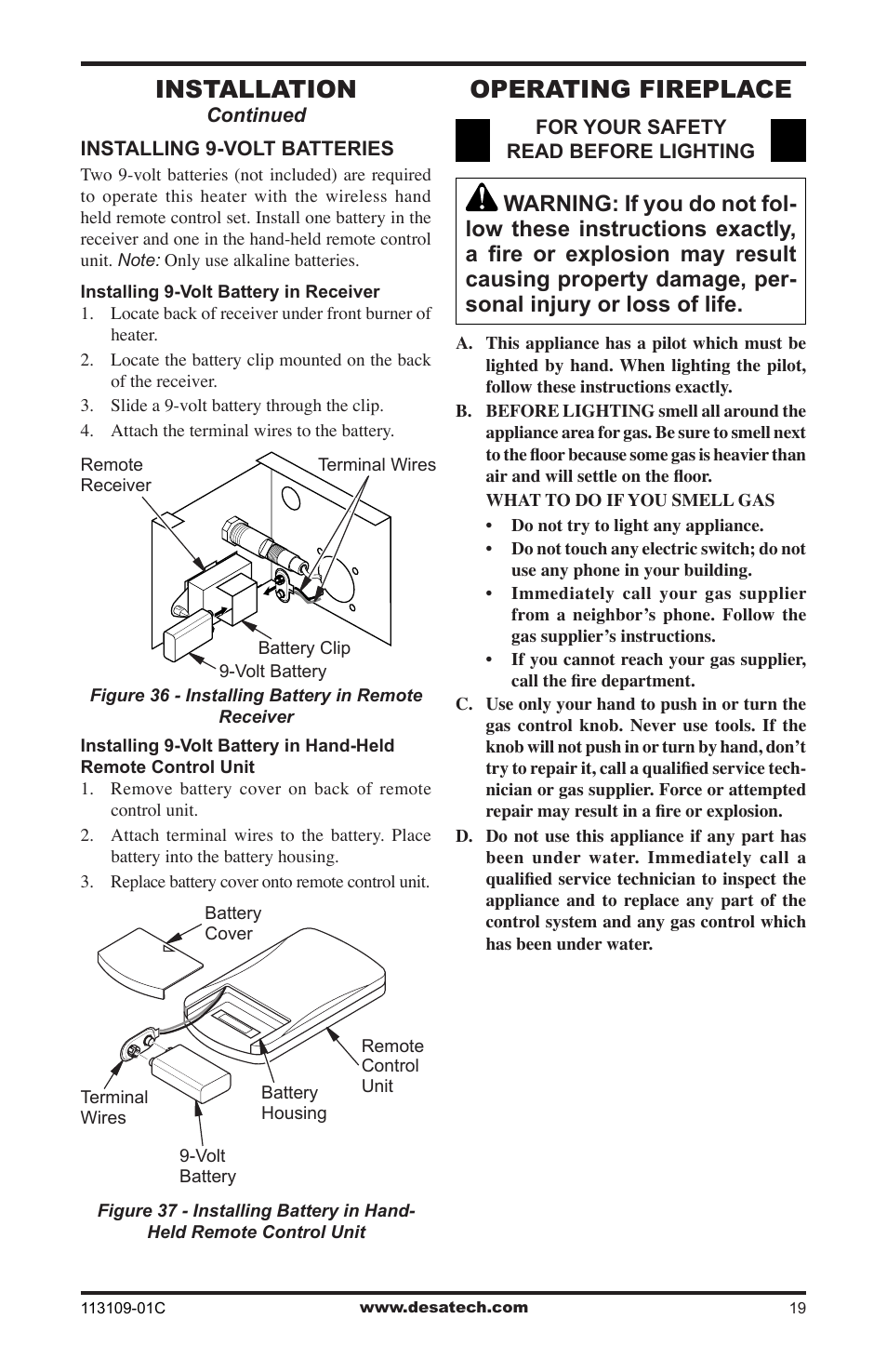 Operating fireplace, Installation | Desa FPVF33PRA User Manual | Page 19 / 40