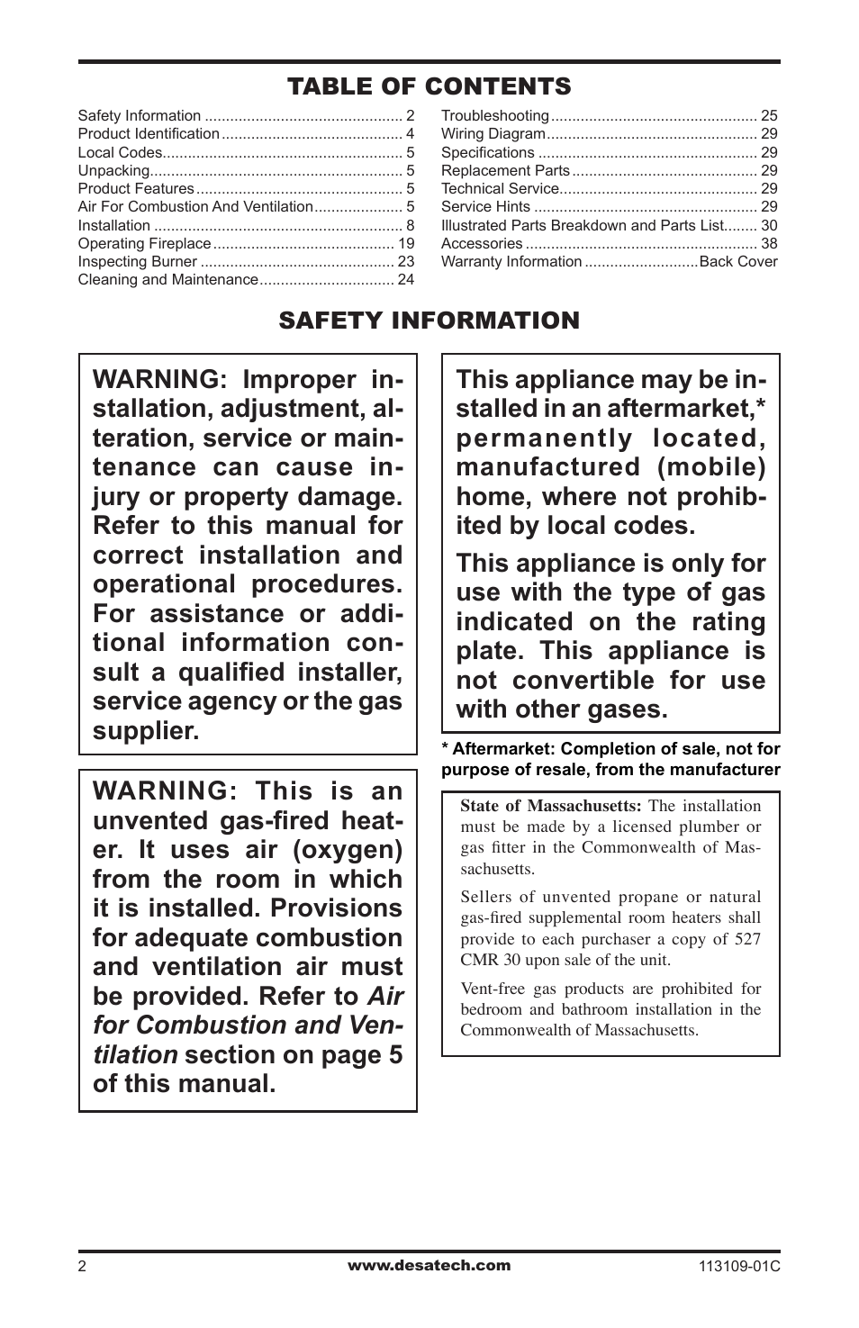 Safety information, Safety information table of contents | Desa FPVF33PRA User Manual | Page 2 / 40