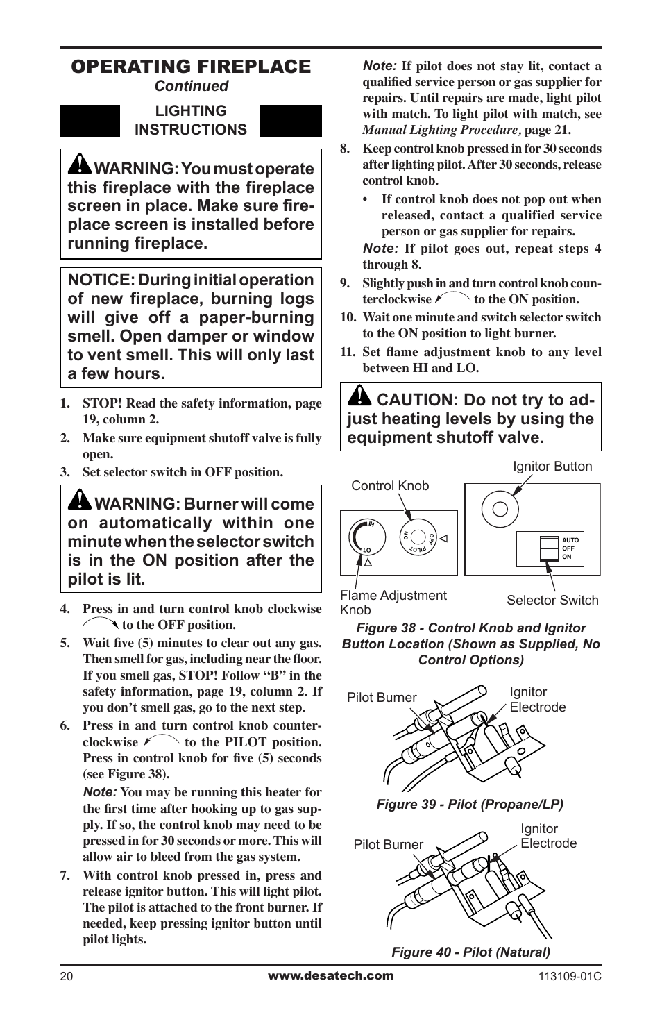 Operating fireplace | Desa FPVF33PRA User Manual | Page 20 / 40