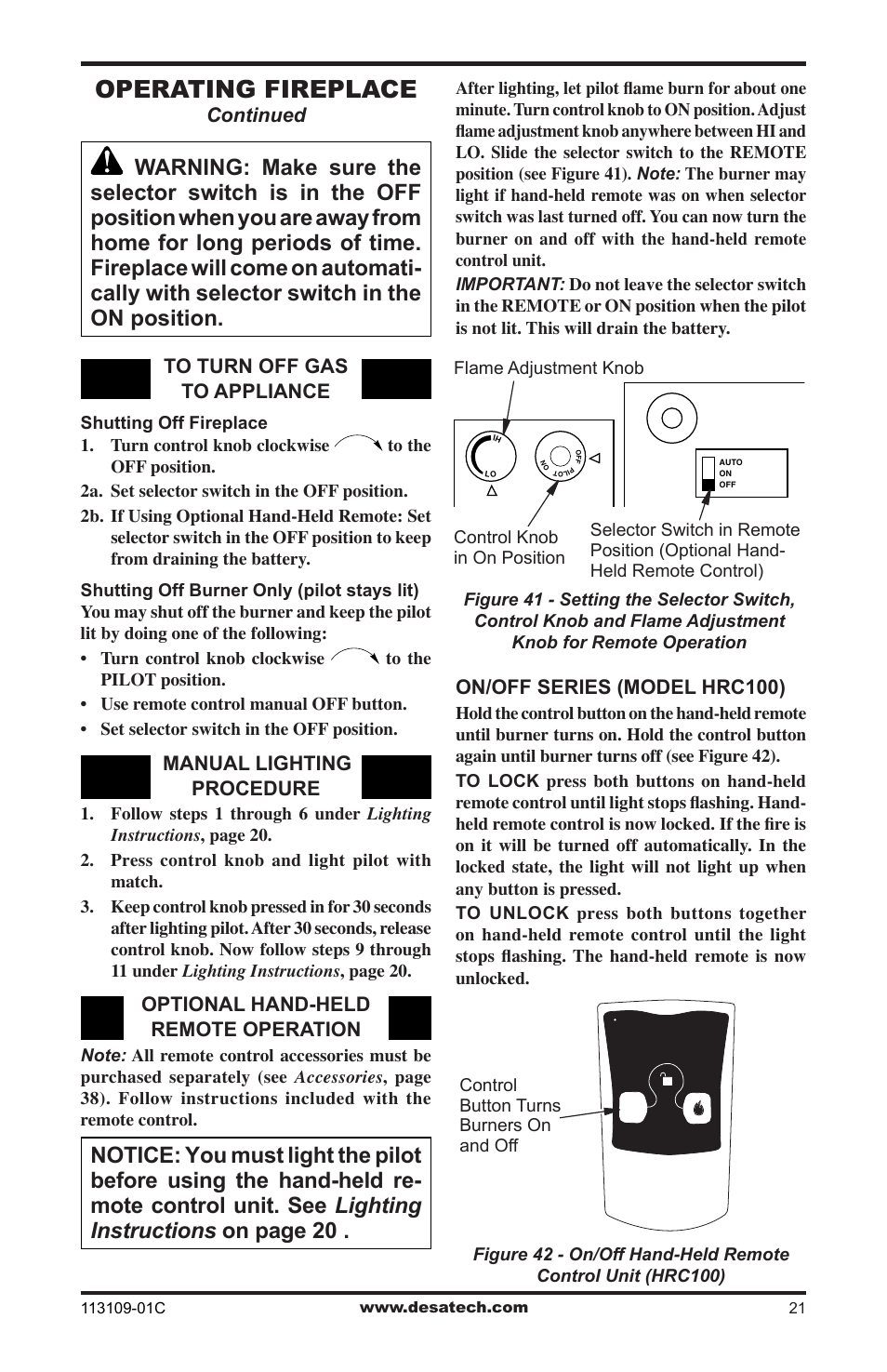 Operating fireplace | Desa FPVF33PRA User Manual | Page 21 / 40