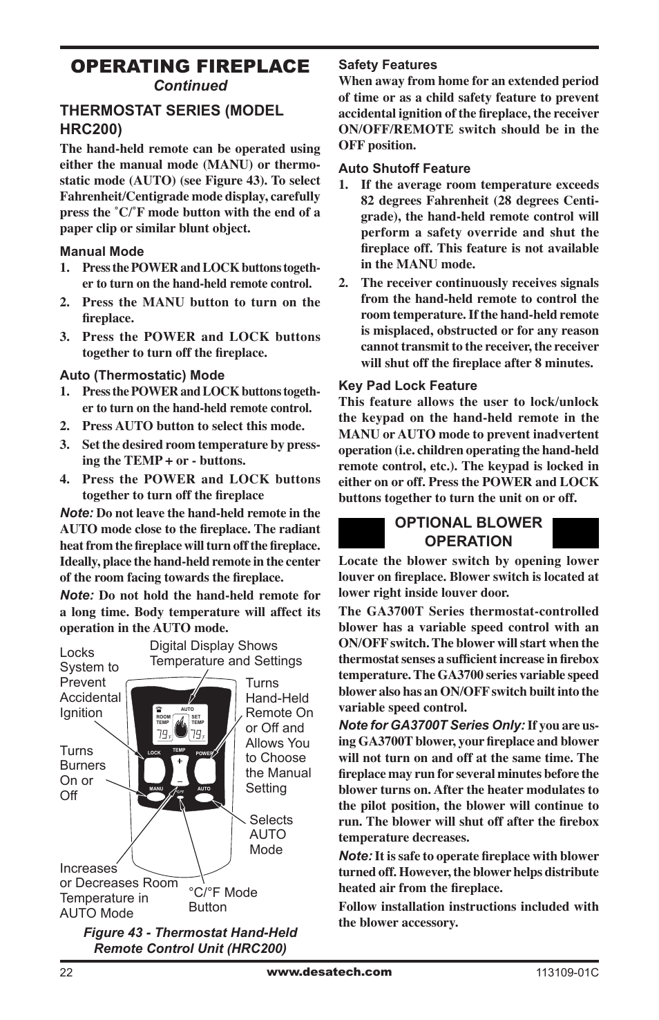 Operating fireplace | Desa FPVF33PRA User Manual | Page 22 / 40