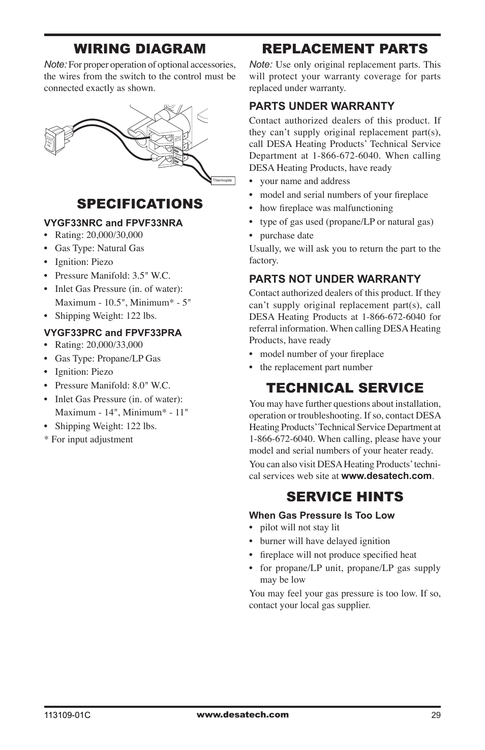 Wiring diagram, Specifications, Replacement parts | Technical service, Service hints | Desa FPVF33PRA User Manual | Page 29 / 40