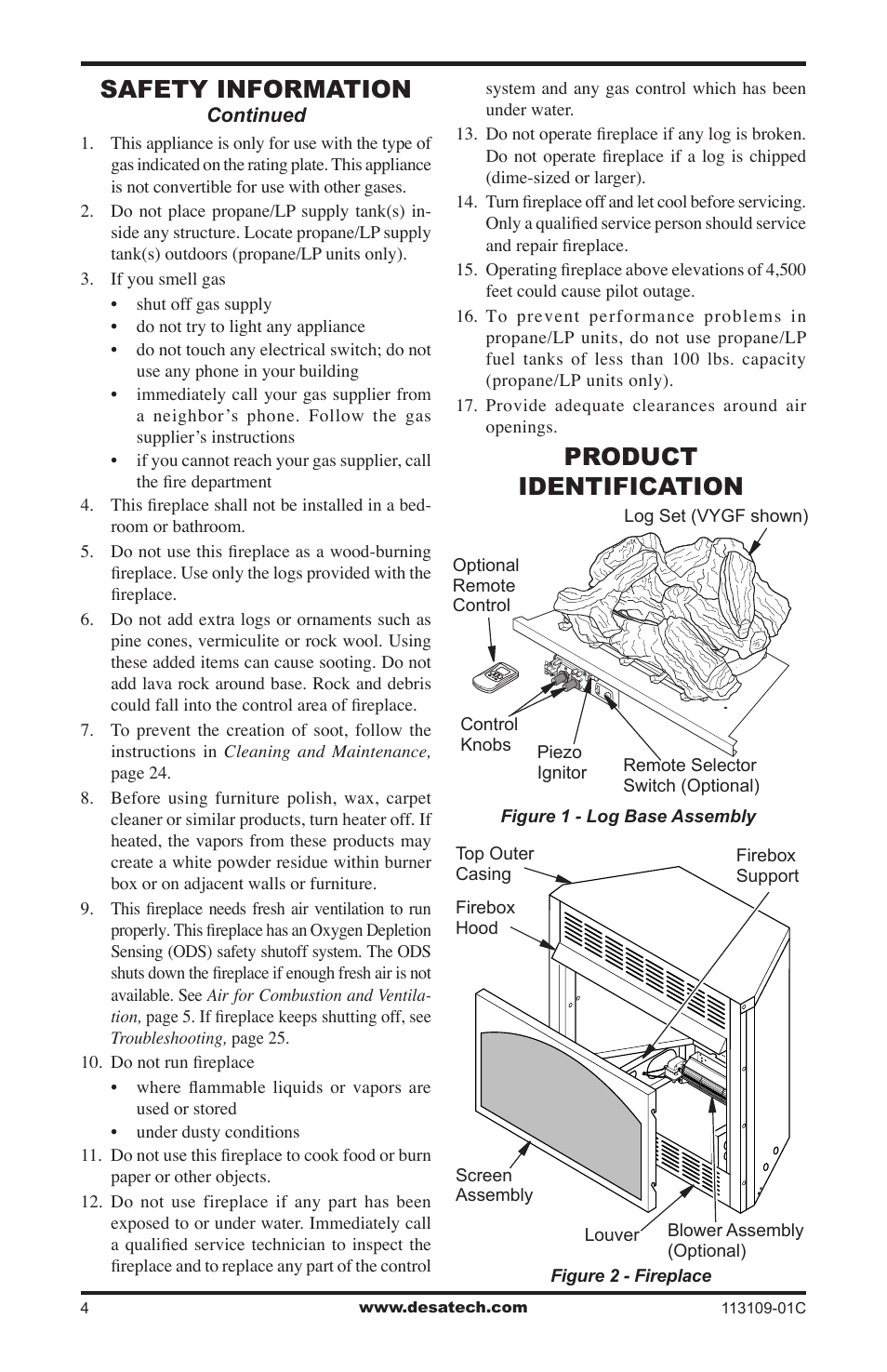 Product identification, Safety information | Desa FPVF33PRA User Manual | Page 4 / 40