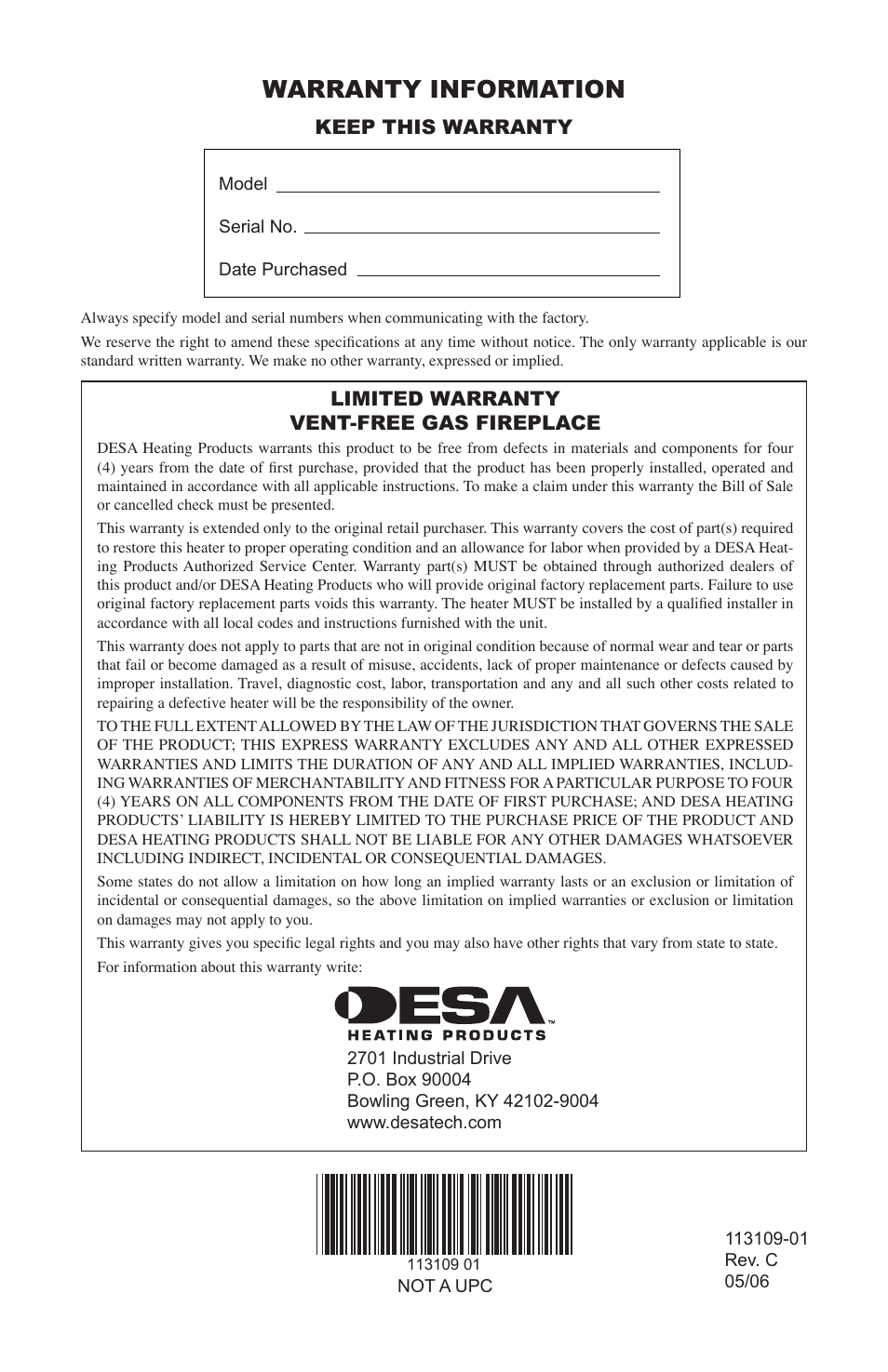 Warranty information, Limited warranty vent-free gas fireplace, Keep this warranty | Desa FPVF33PRA User Manual | Page 40 / 40