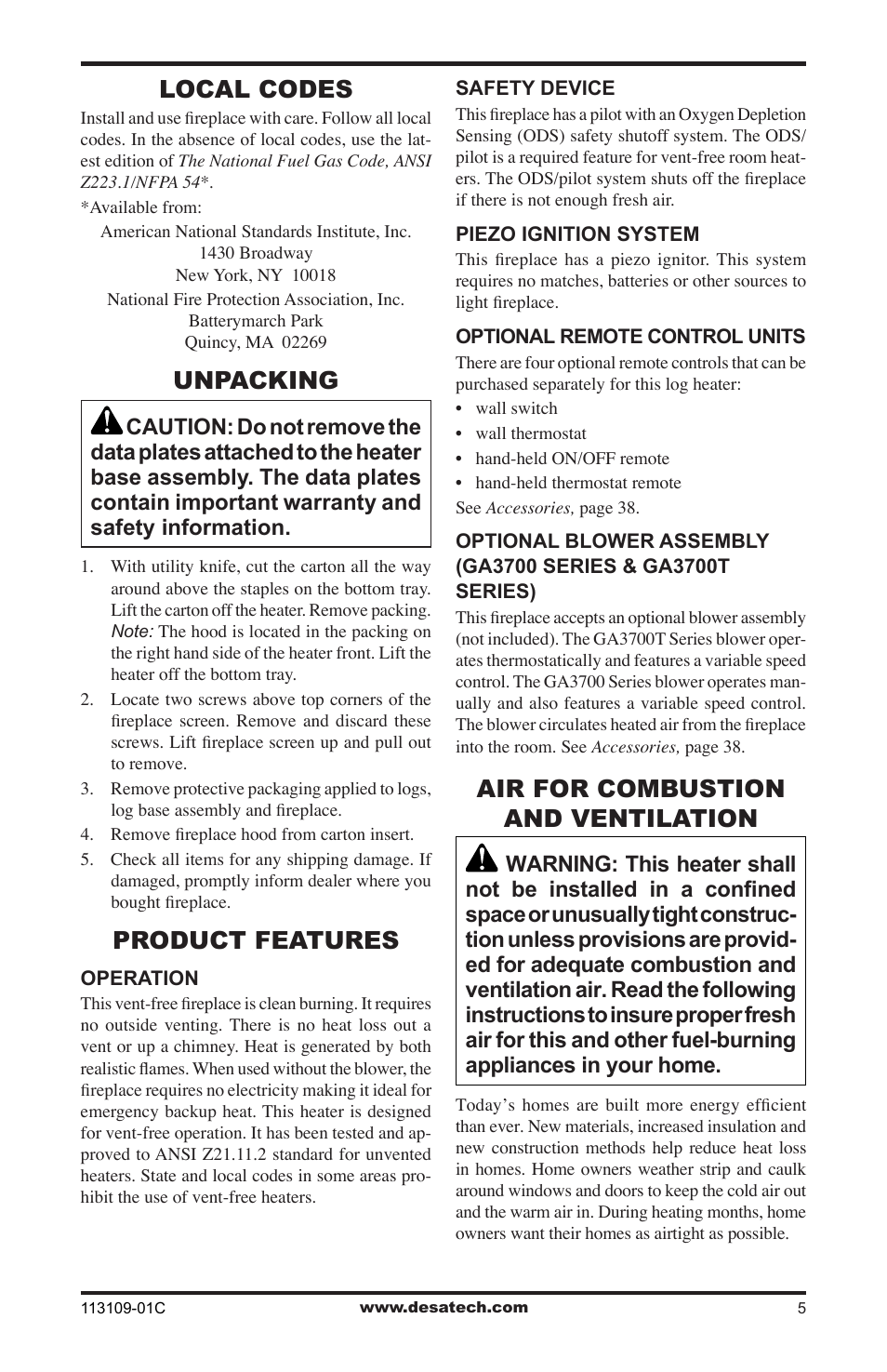 Local codes, Unpacking, Product features | Air for combustion and ventilation | Desa FPVF33PRA User Manual | Page 5 / 40