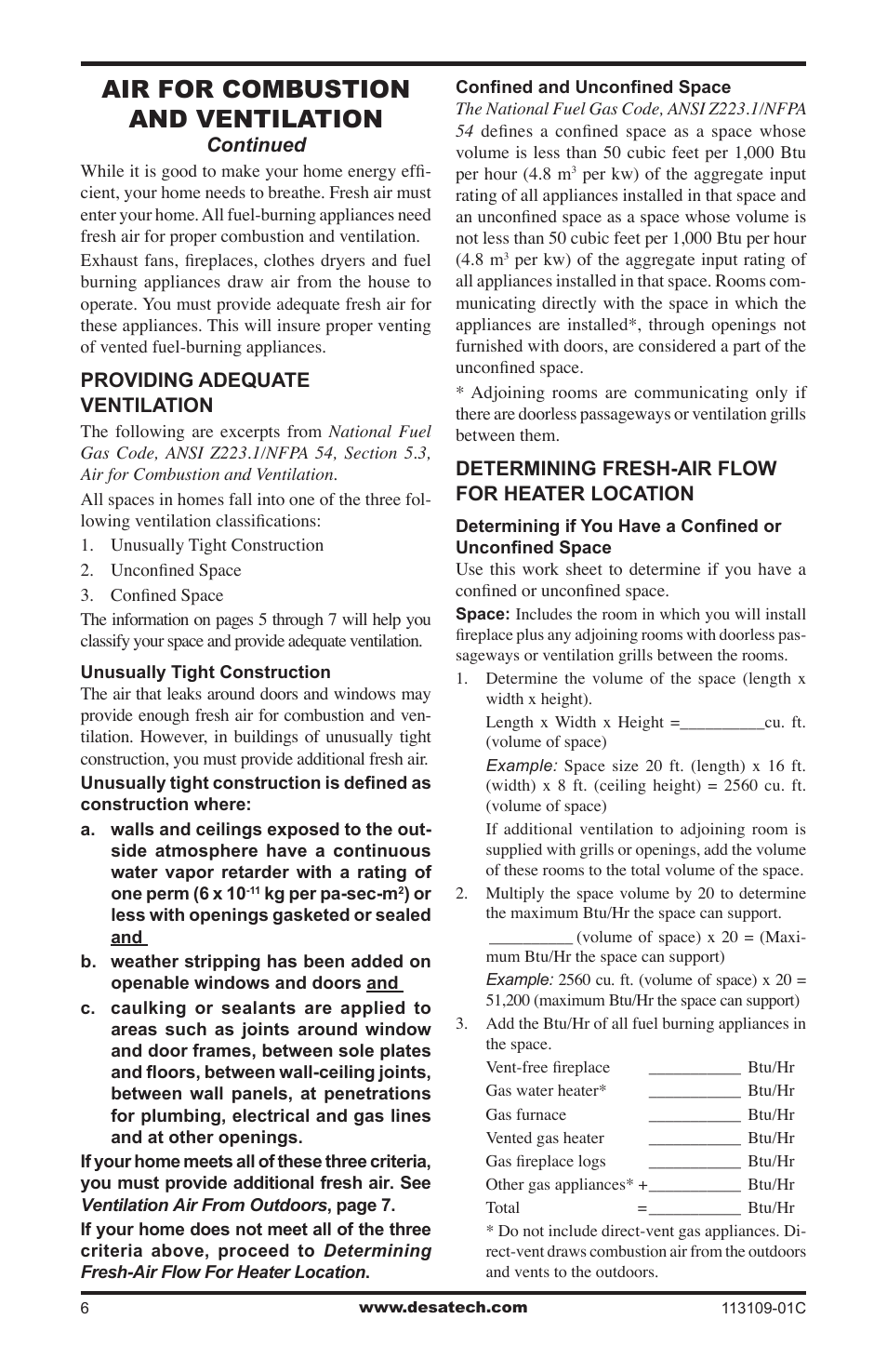 Air for combustion and ventilation | Desa FPVF33PRA User Manual | Page 6 / 40