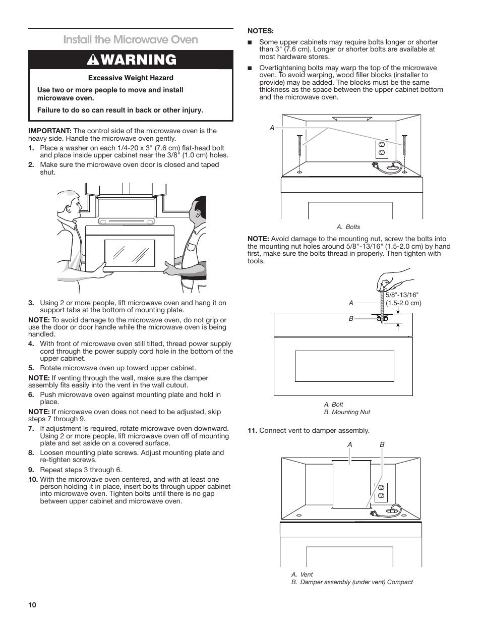 Install the microwave oven, Warning | KITCHENAID 30 Inch Over-The-Range Microwave Installation Instructions User Manual | Page 10 / 28