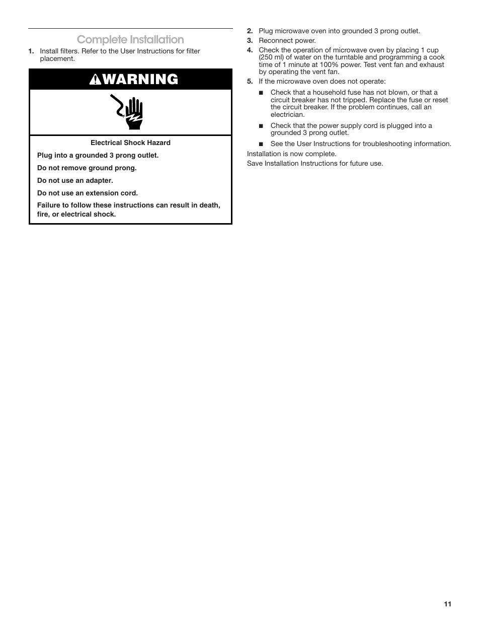 Complete installation, Warning | KITCHENAID 30 Inch Over-The-Range Microwave Installation Instructions User Manual | Page 11 / 28