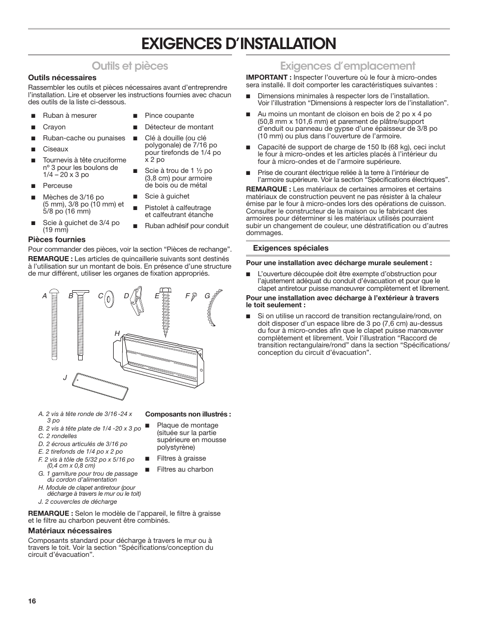 Exigences d’installation, Outils et pièces exigences d’emplacement, Outils et pièces | Exigences d’emplacement | KITCHENAID 30 Inch Over-The-Range Microwave Installation Instructions User Manual | Page 16 / 28