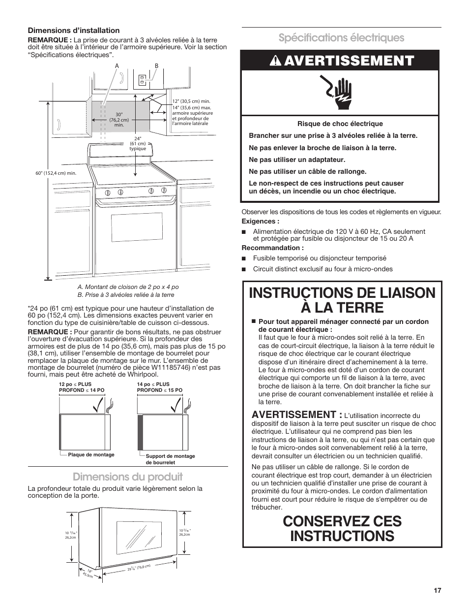 Dimensions du produit spécifications électriques, Avertissement, Dimensions du produit | Spécifications électriques | KITCHENAID 30 Inch Over-The-Range Microwave Installation Instructions User Manual | Page 17 / 28