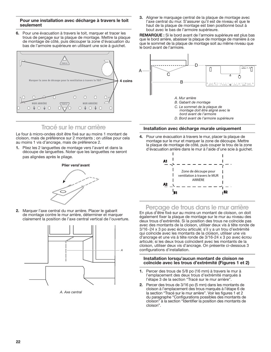 Tracé sur le mur arrière, Perçage de trous dans le mur arrière | KITCHENAID 30 Inch Over-The-Range Microwave Installation Instructions User Manual | Page 22 / 28