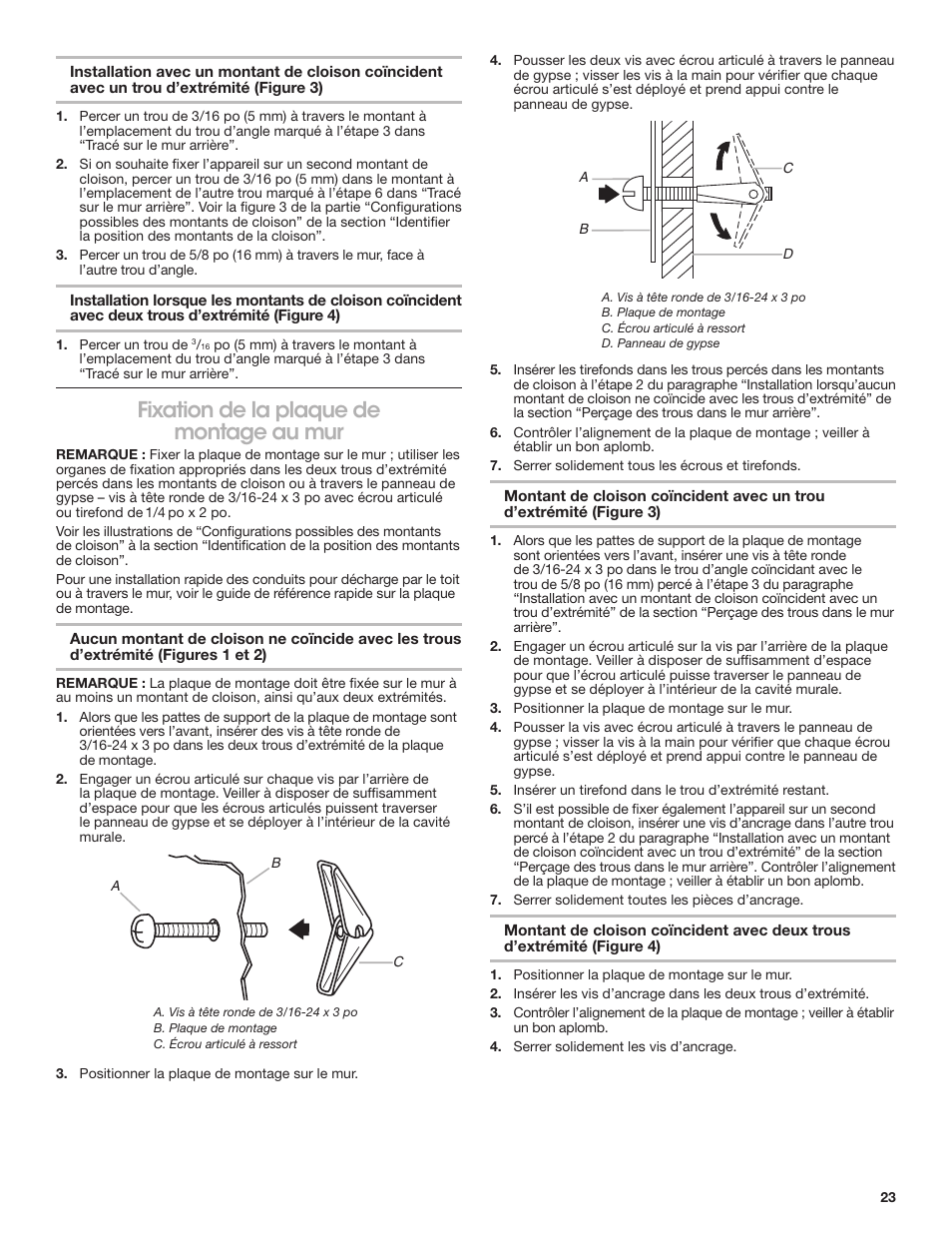 Fixation de la plaque de montage au mur | KITCHENAID 30 Inch Over-The-Range Microwave Installation Instructions User Manual | Page 23 / 28