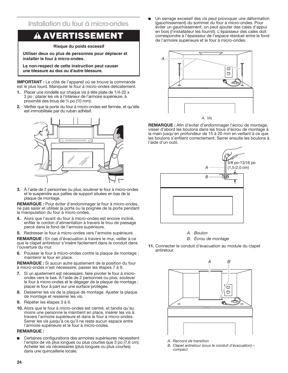 Installation du four à micro-ondes, Avertissement | KITCHENAID 30 Inch Over-The-Range Microwave Installation Instructions User Manual | Page 24 / 28