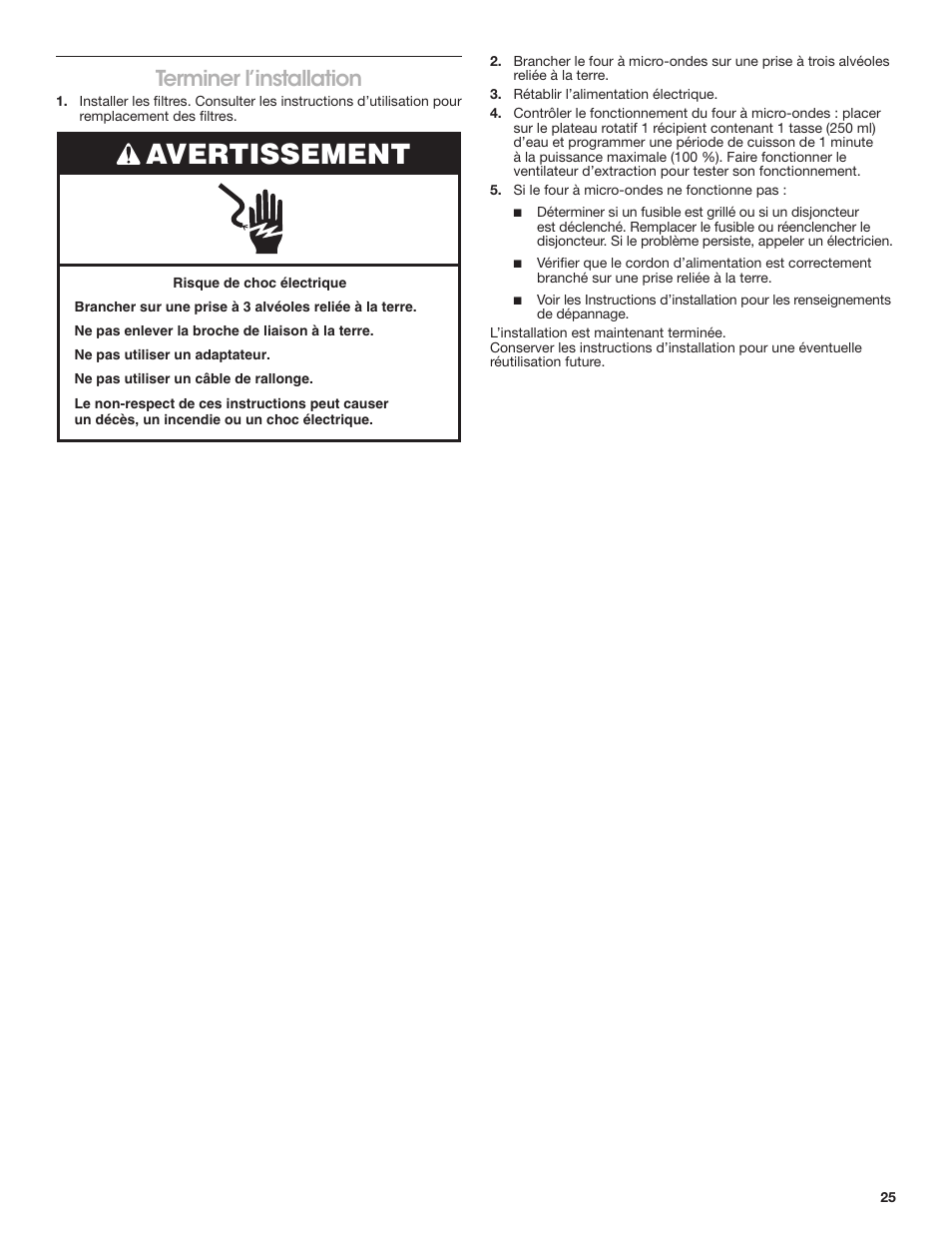 Terminer l’installation, Avertissement | KITCHENAID 30 Inch Over-The-Range Microwave Installation Instructions User Manual | Page 25 / 28