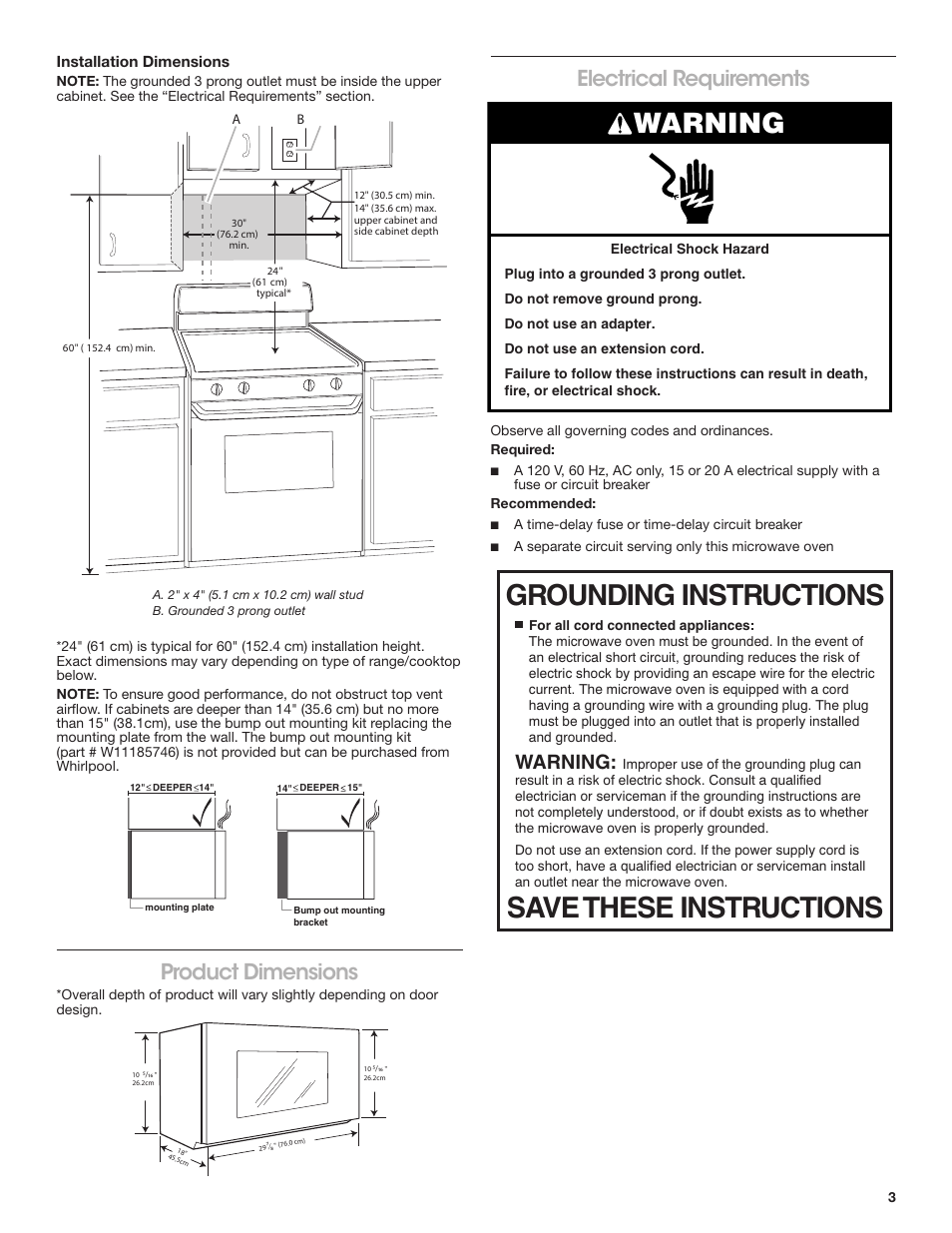 Product dimensions electrical requirements, Product dimensions, Electrical requirements | Warning | KITCHENAID 30 Inch Over-The-Range Microwave Installation Instructions User Manual | Page 3 / 28