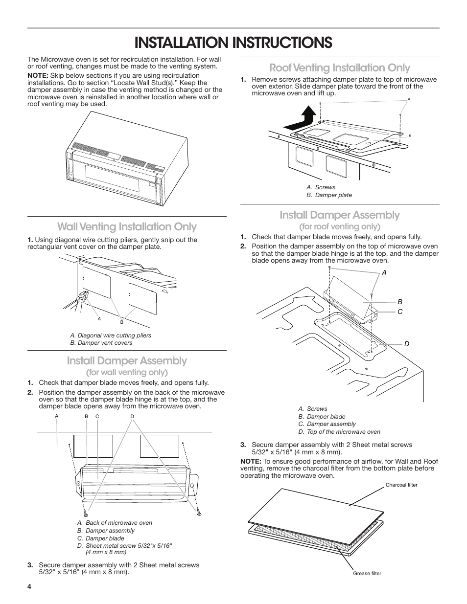 Installation instructions, Wall venting installation only, Install damper assembly | Roof venting installation only | KITCHENAID 30 Inch Over-The-Range Microwave Installation Instructions User Manual | Page 4 / 28