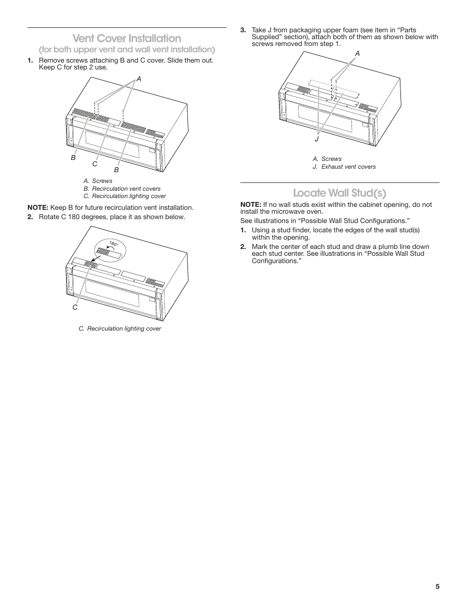 Vent cover installation locate wall stud(s), Vent cover installation, Locate wall stud(s) | KITCHENAID 30 Inch Over-The-Range Microwave Installation Instructions User Manual | Page 5 / 28