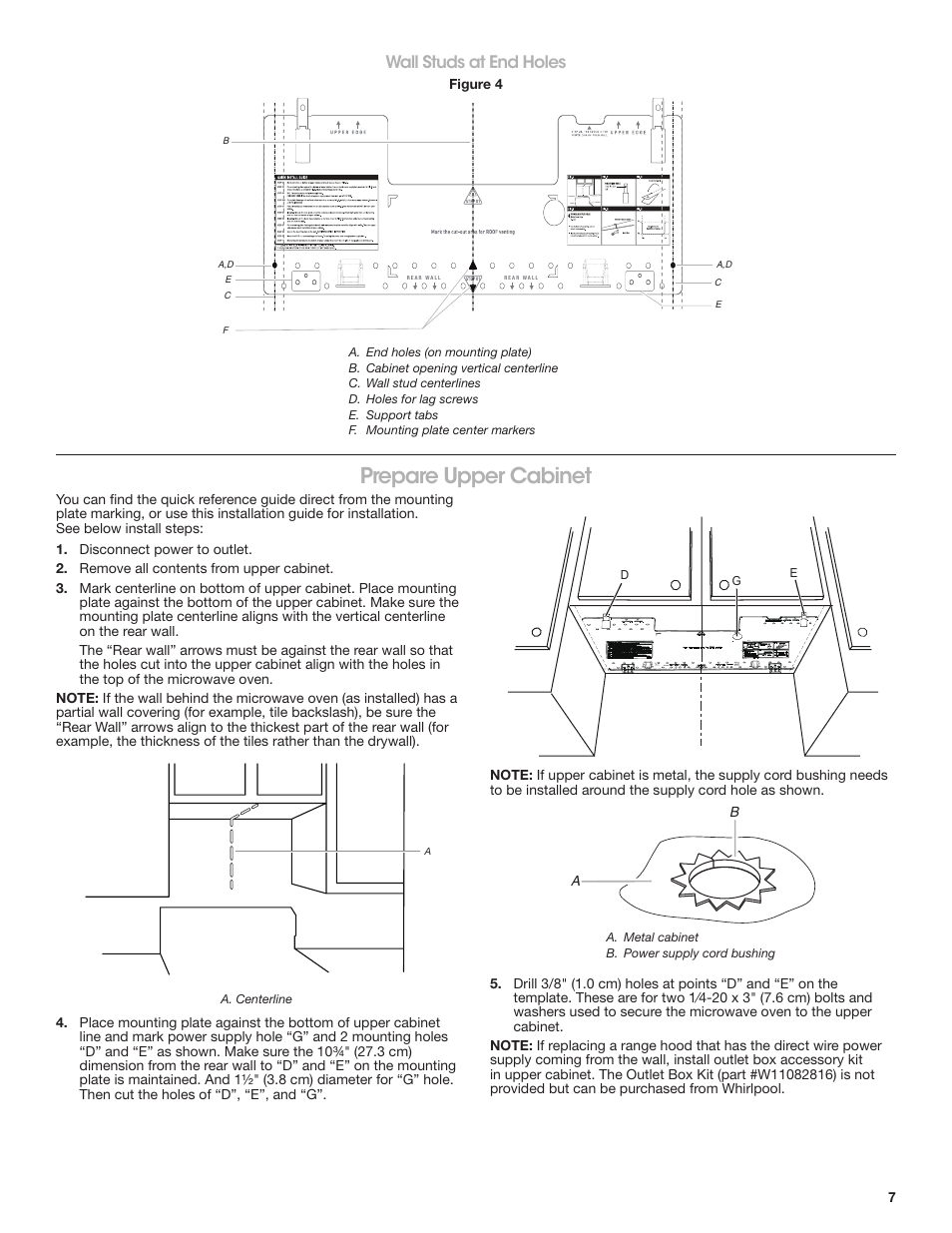 Prepare upper cabinet, Wall studs at end holes | KITCHENAID 30 Inch Over-The-Range Microwave Installation Instructions User Manual | Page 7 / 28