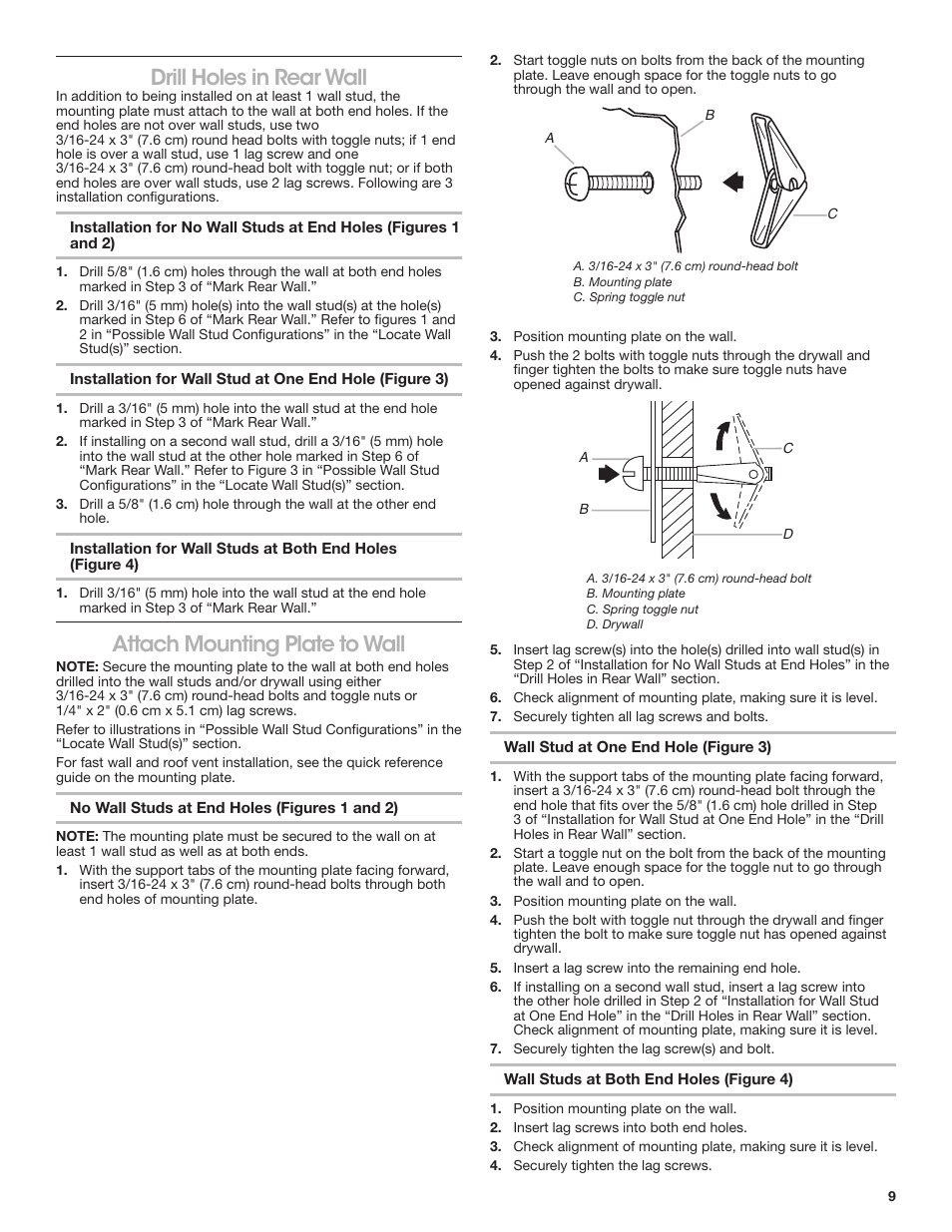 Drill holes in rear wall, Attach mounting plate to wall | KITCHENAID 30 Inch Over-The-Range Microwave Installation Instructions User Manual | Page 9 / 28