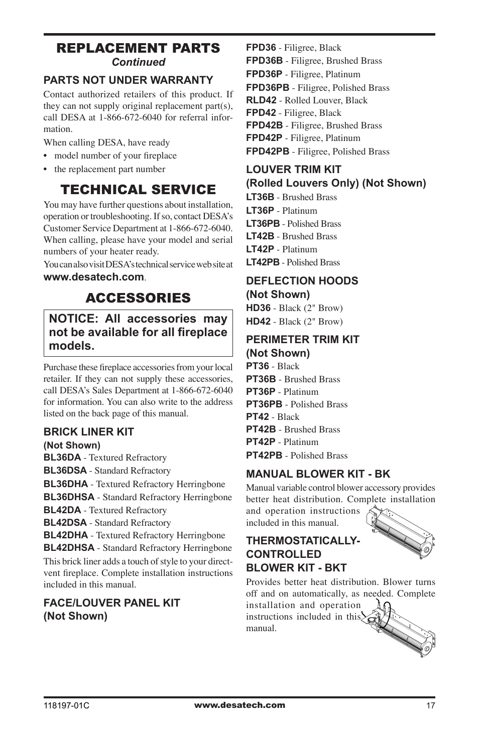 Technical service, Accessories, Replacement parts | Desa O-T L (V)DVC36(B)(H) User Manual | Page 17 / 20