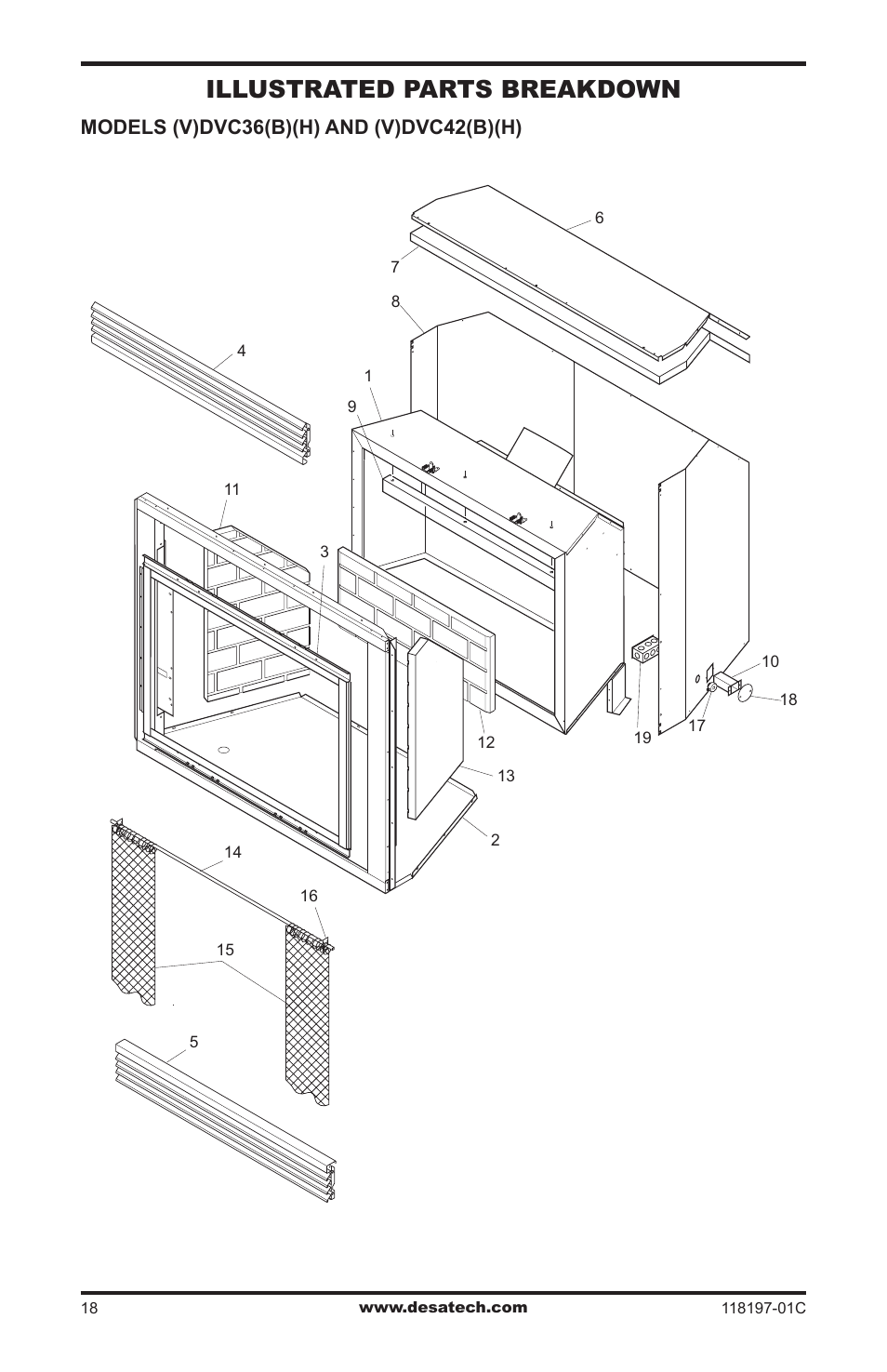 Illustrated parts breakdown and parts list, Illustrated parts breakdown, Models (v)dvc36(b)(h) and (v)dvc42(b)(h) | Desa O-T L (V)DVC36(B)(H) User Manual | Page 18 / 20