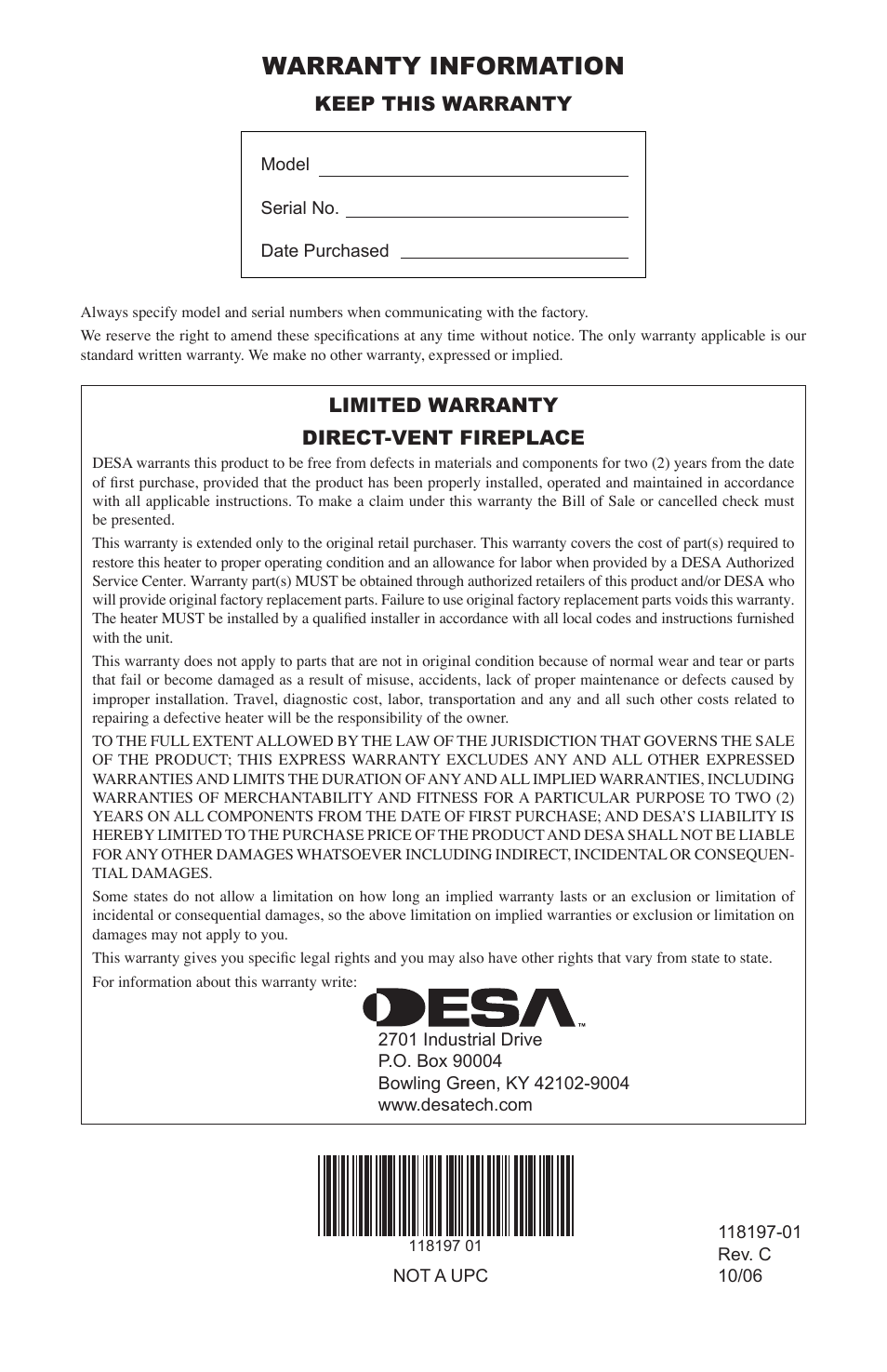 Warranty information, Keep this warranty, Limited warranty direct-vent fireplace | Desa O-T L (V)DVC36(B)(H) User Manual | Page 20 / 20