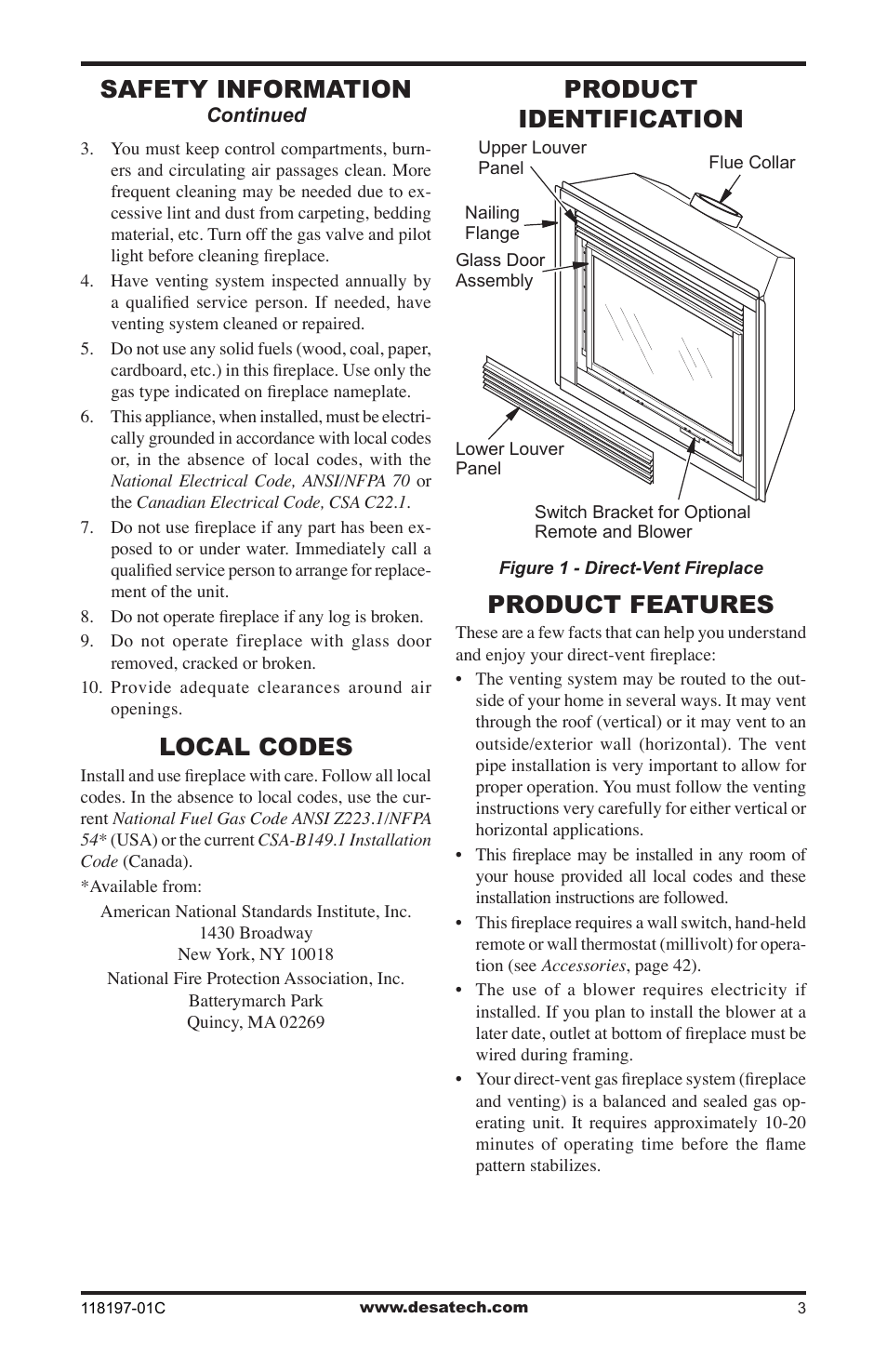 Local codes, Product identification, Product features | Safety information | Desa O-T L (V)DVC36(B)(H) User Manual | Page 3 / 20