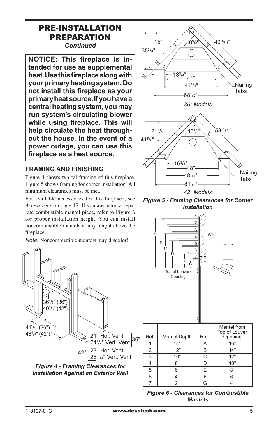 Pre-installation preparation, Continued, Framing and finishing | Desa O-T L (V)DVC36(B)(H) User Manual | Page 5 / 20